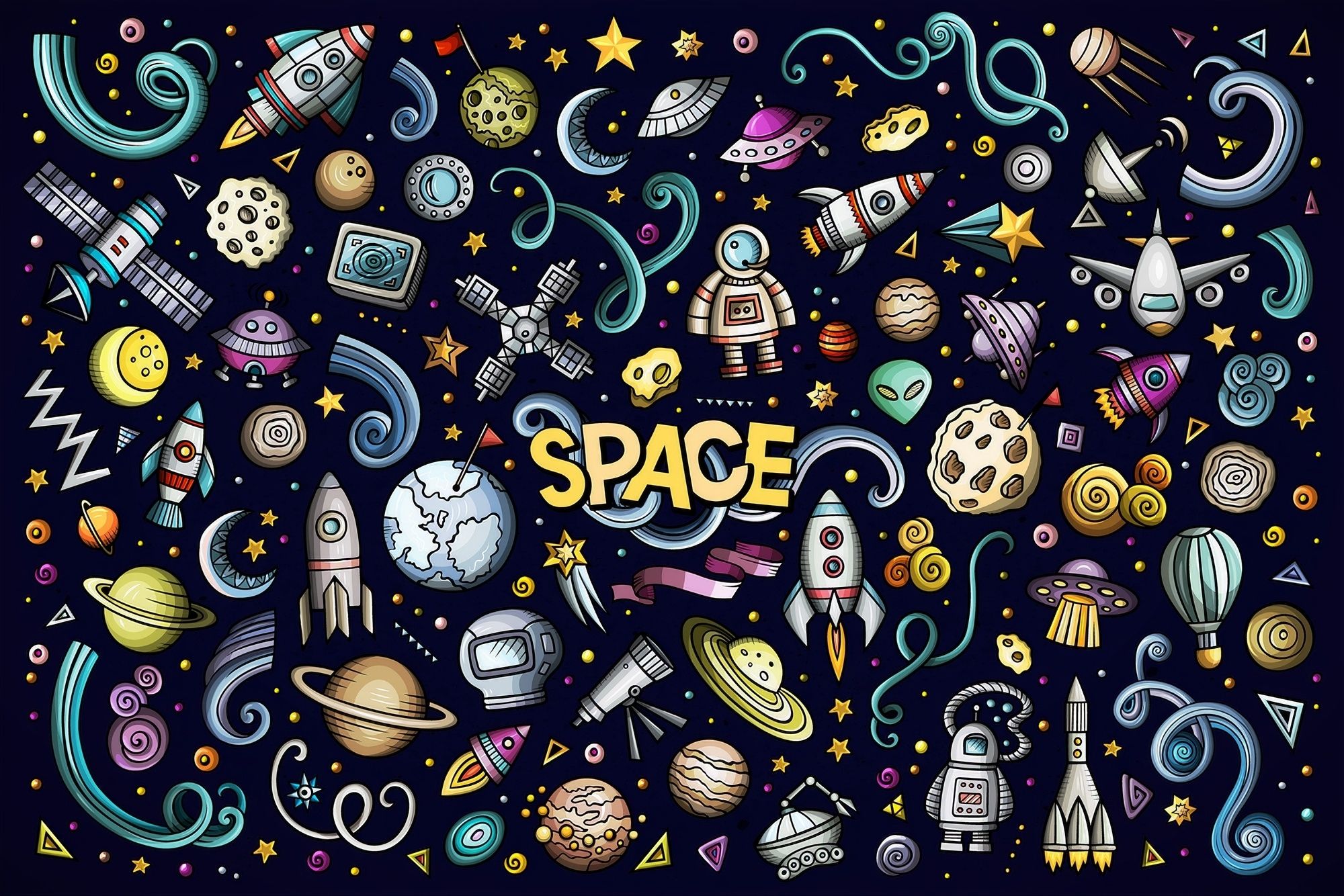 Kids Cartoon Space with Astronaut and Colorful Planets Wallpaper Mural • Wallmur®
