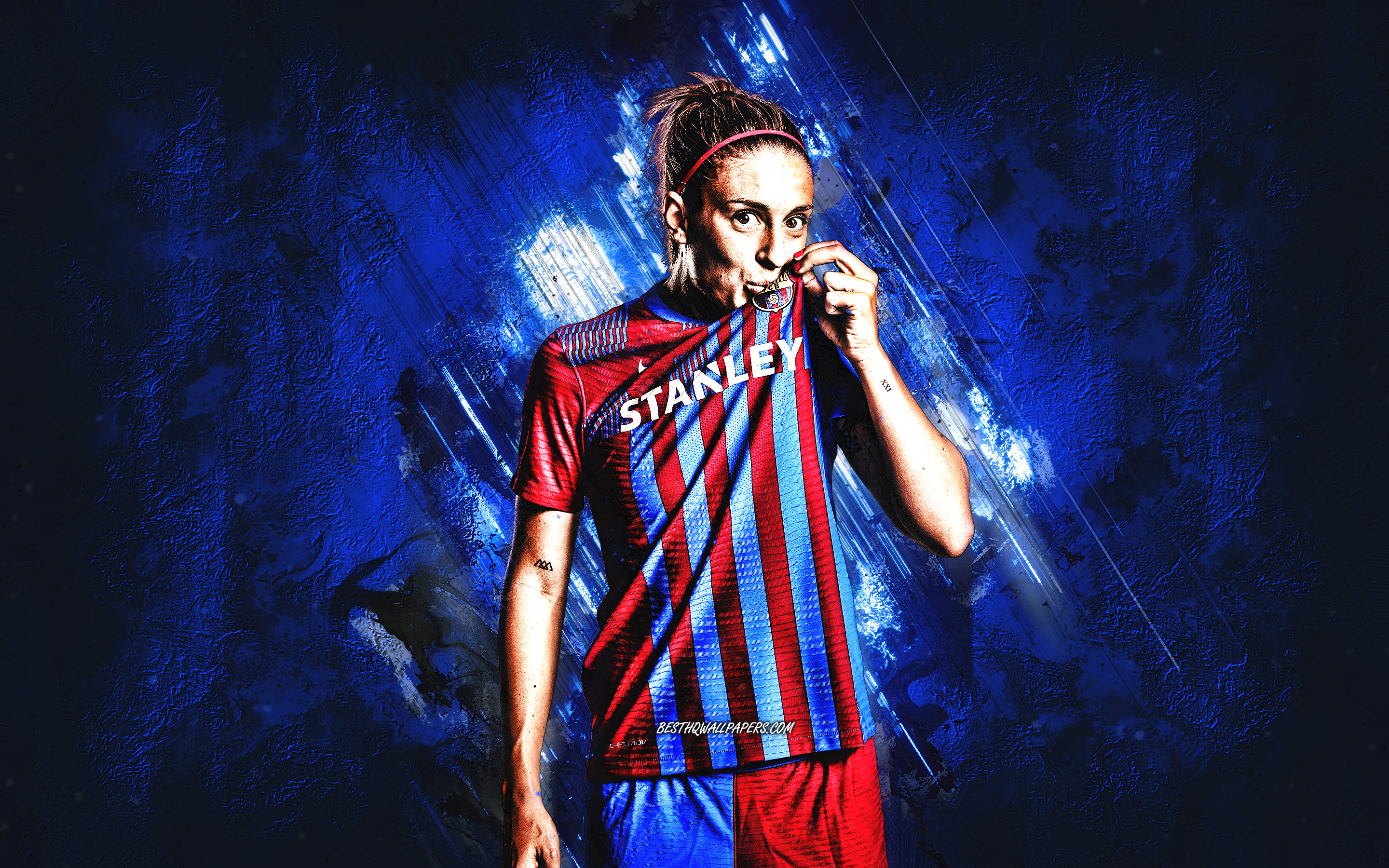 Download wallpaper Alexia Putellas, FC Barcelona Femeni, Spanish soccer player, blue stone background, soccer, FC Barcelona, grunge art for desktop with resolution 2880x1800. High Quality HD picture wallpaper