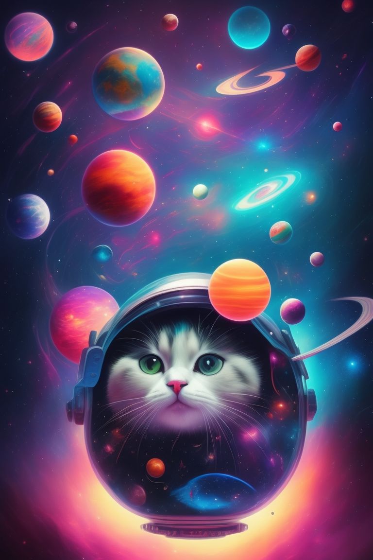 Mermaid_Song: A cartoon cat in space with planets in the background, 70s cartoon style, trending on artstation, low details, cute, colorful, psychedelic, trippy