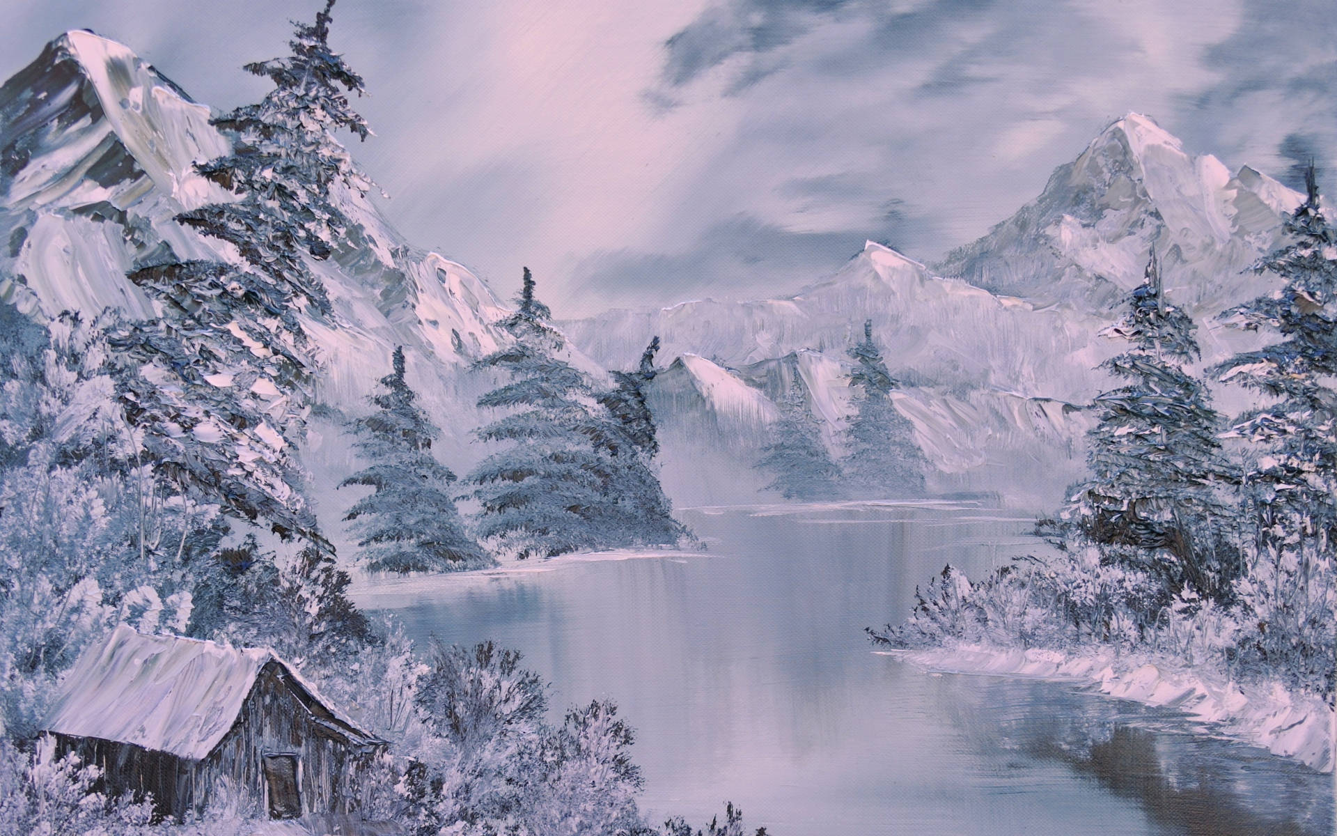 Download River Winter Scenery Painting Wallpaper