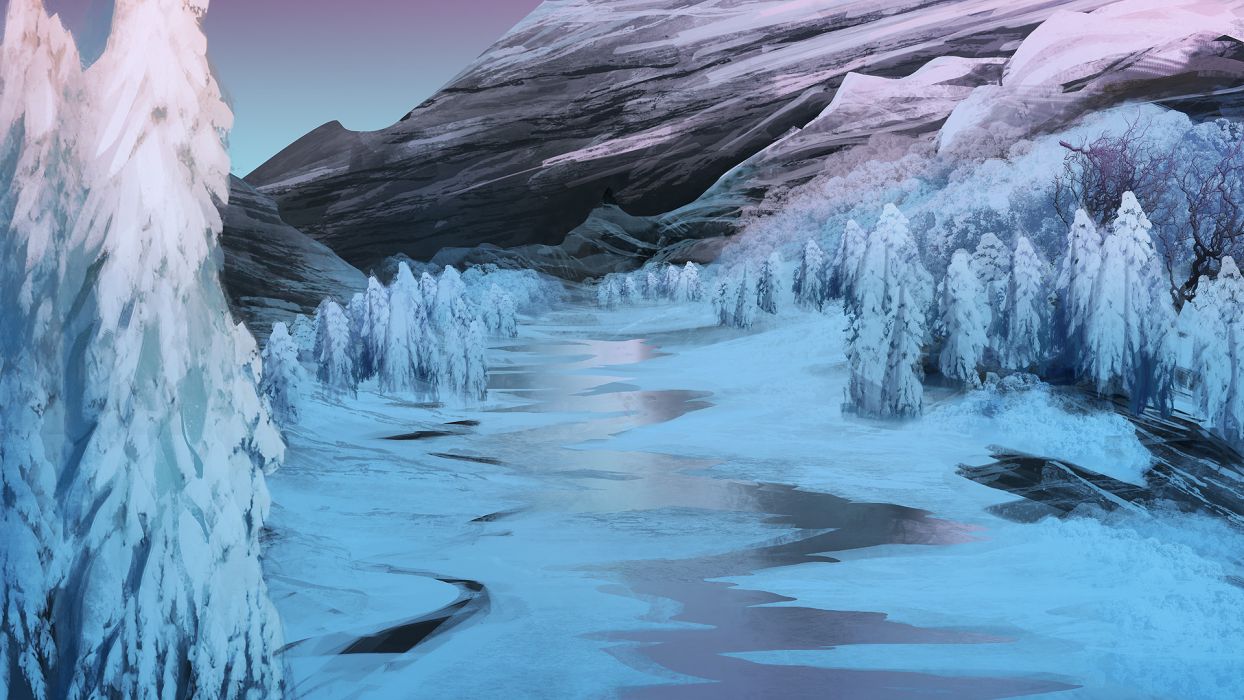 Art mountains winter river trees ice snow painting d wallpaperx1080