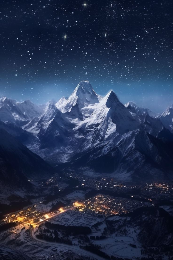 Snowy Mountain Range under a Starry Sky Print Art. Night landscape, Mountain aesthetic, Winter landscape painting