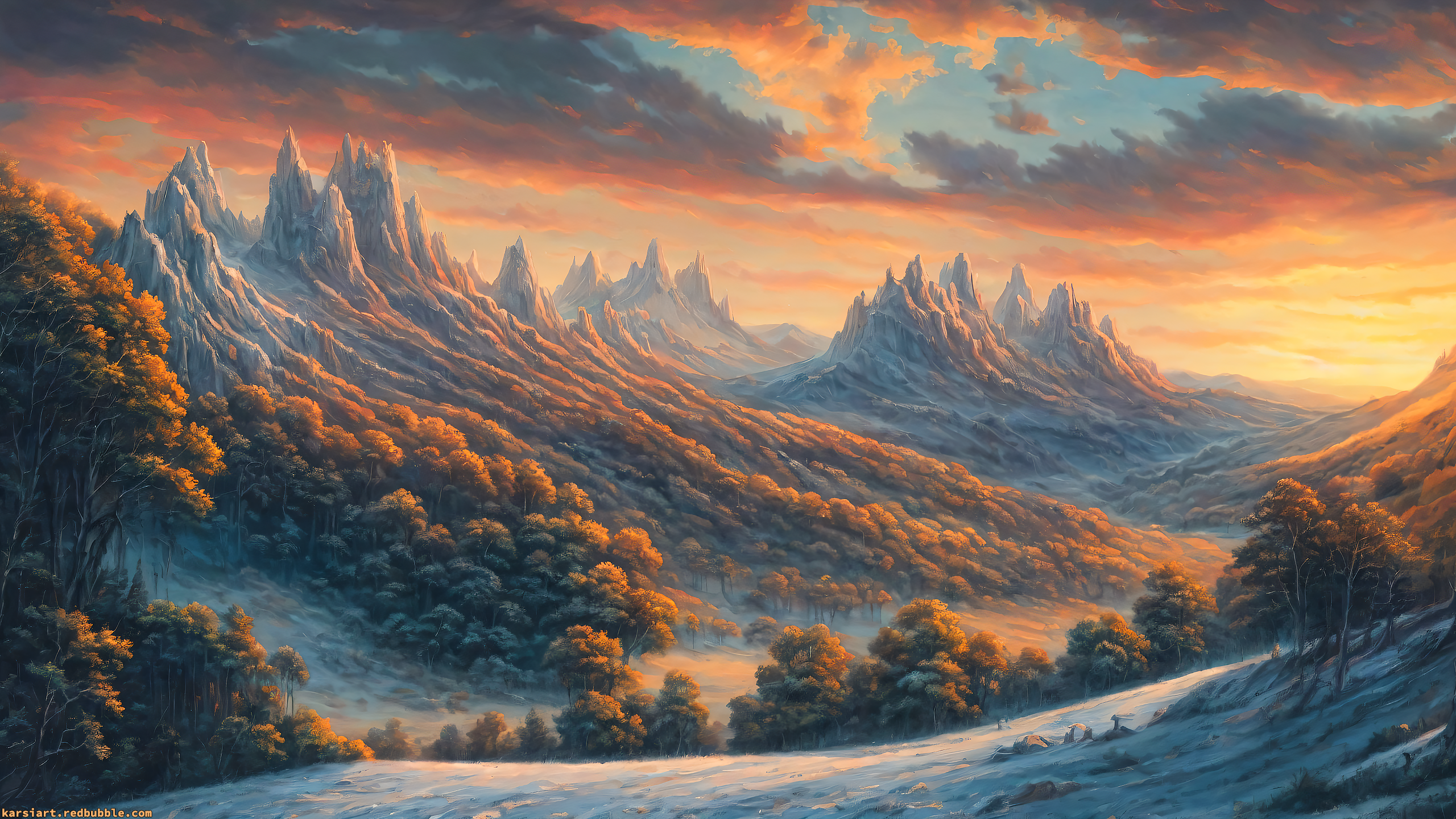 KarsiArt, Karsi, landscape, digital art, winter, snow, snowy mountain, snow covered, snowy peak, mountains, forest, trees, sunset, sunrise, orange sky, yellow sky, sunset glow, wilderness, nature, AI artx1440 Wallpaper