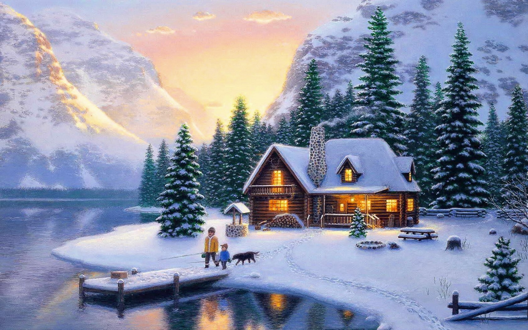 HD desktop wallpaper: Winter, Snow, Mountain, Lake, Forest, Painting, Artistic, Fishing, Cabin download free picture