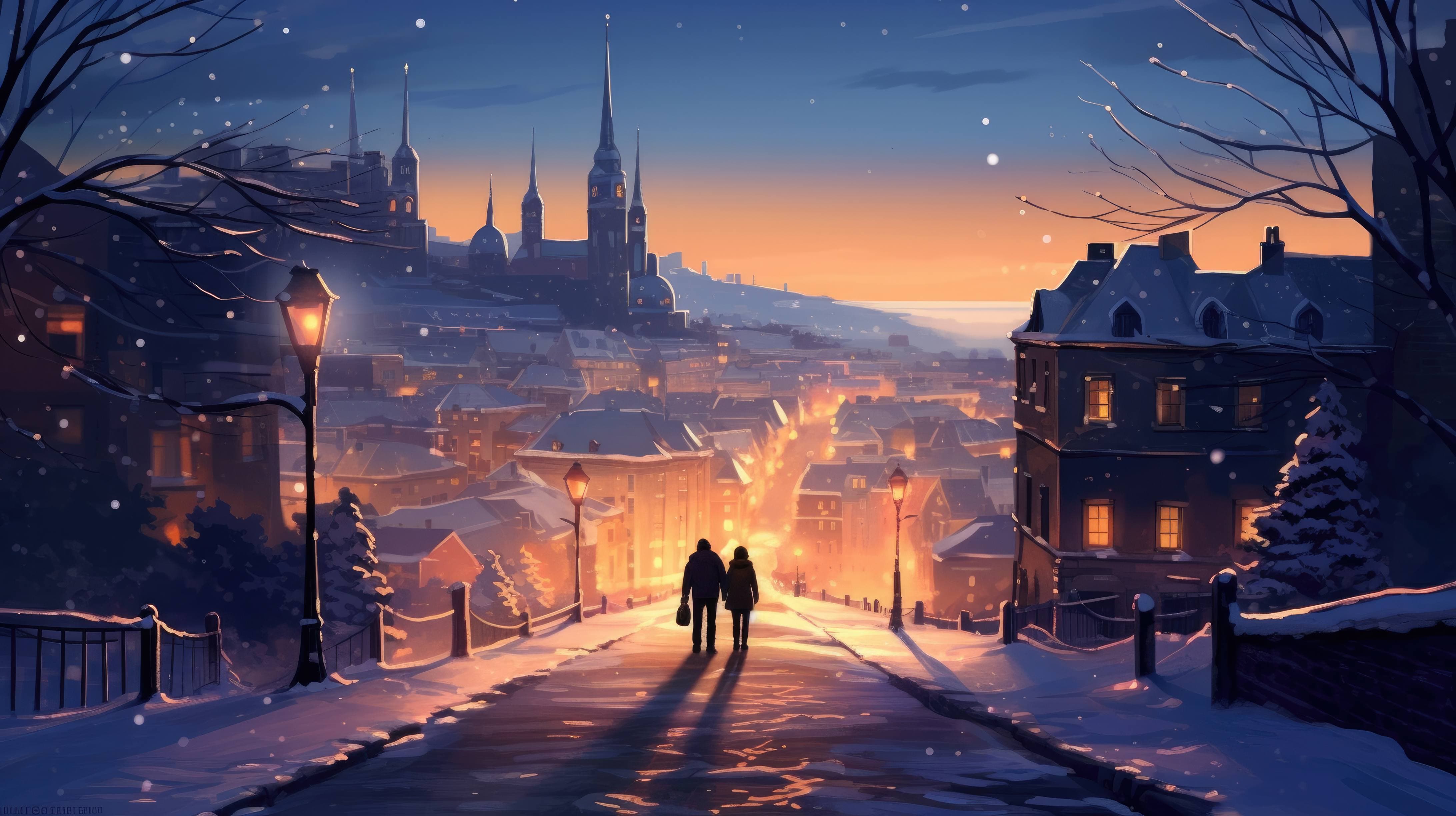 A 4K ultra HD wallpaper depicting a couple walking hand in hand on a snowy street lined with glowing Christmas lights, with a snowy town in the background and a big full