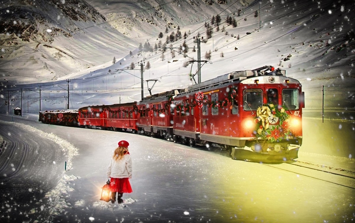 Free Image, snow, winter, night, transportation, vehicle, weather, holiday, drink, xmas, screenshot, little girl, christmas background, red train, computer wallpaper, polar express, christmas train, christmas backdrop 7617x4792