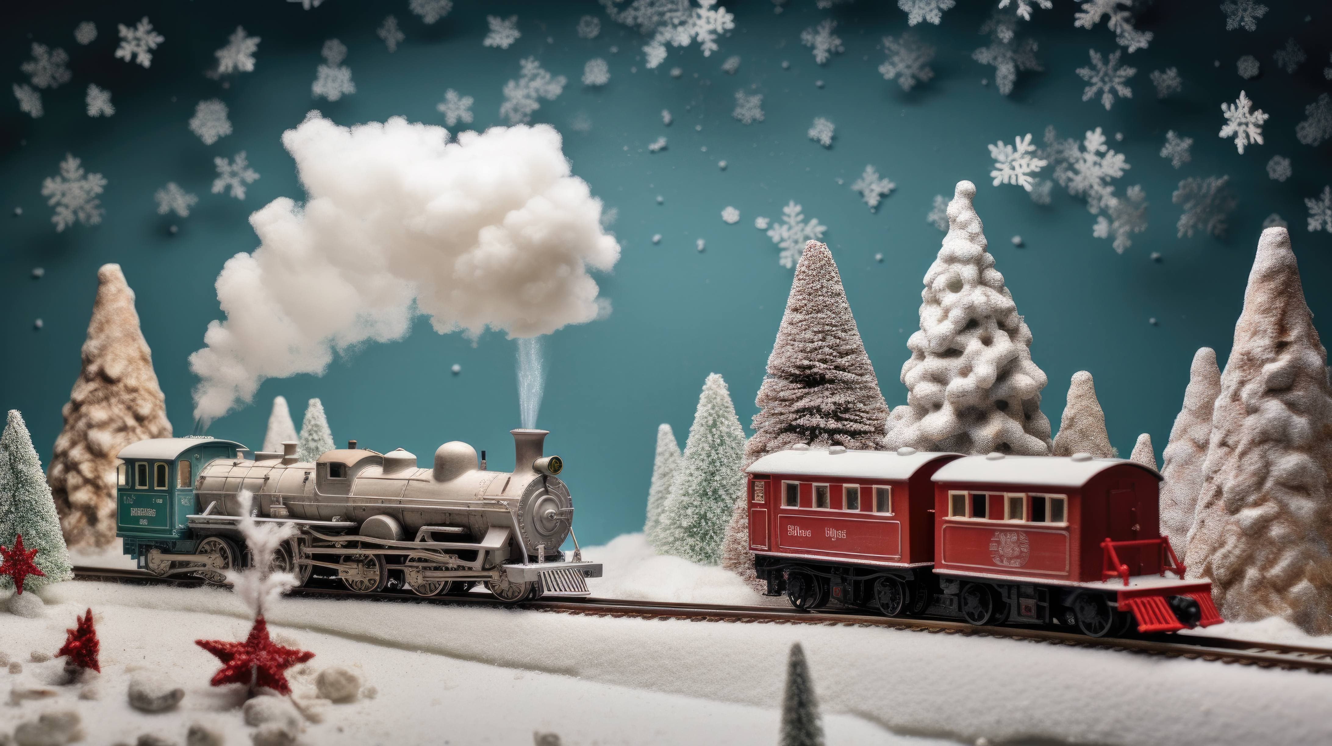 A creative composition featuring a festive Christmas train set, weaving through a landscape of cotton wool 'snow' and miniature trees