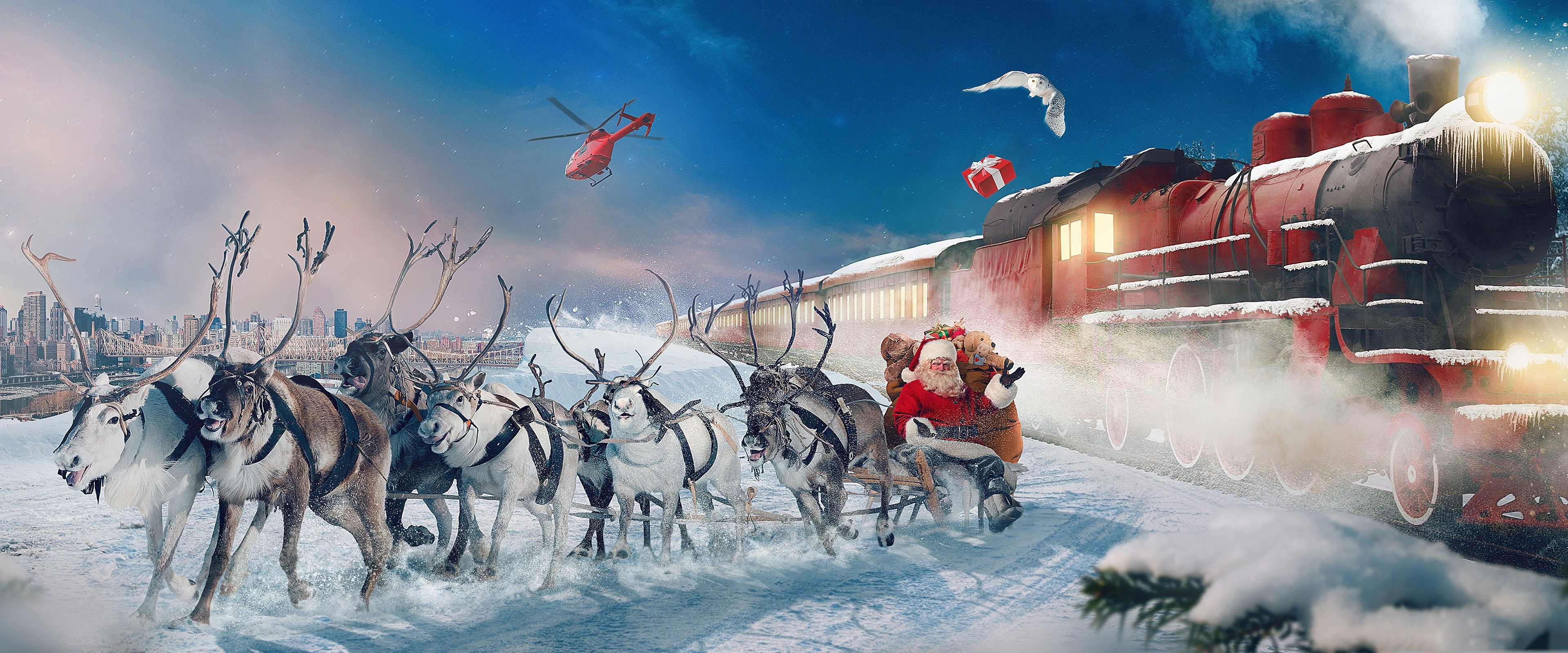 Mobile wallpaper: Winter, Christmas, Holiday, Sleigh, Train, Santa, Reindeer, 965571 download the picture for free