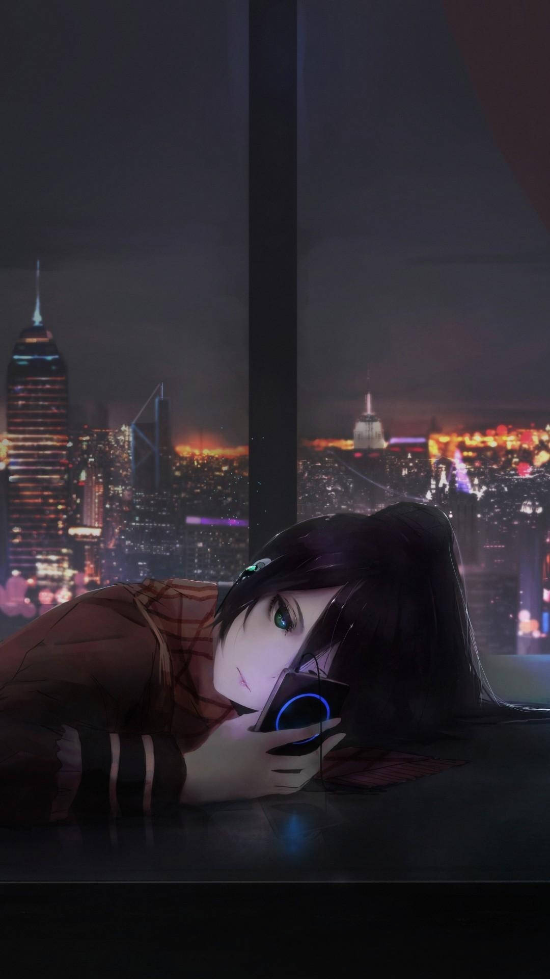 Download Anime Girl Sad Alone Using Phone On Desk Wallpaper