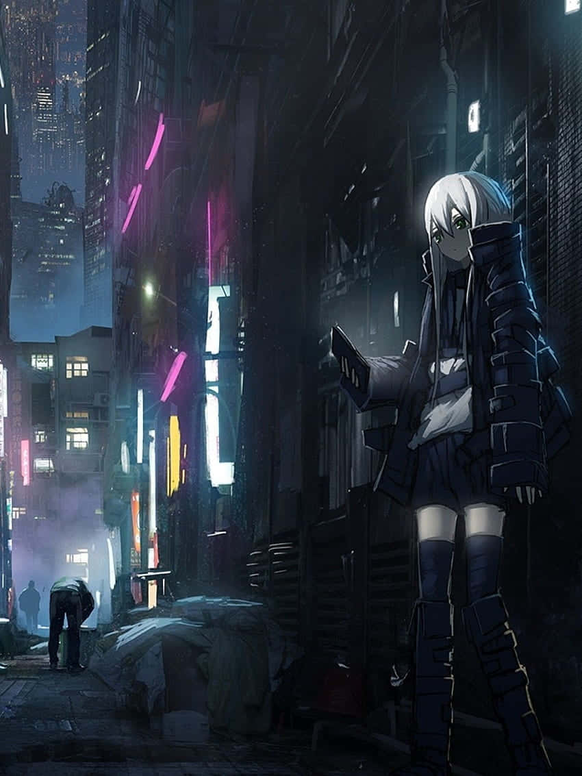 Download Neon Anime Street Girl Wallpaper