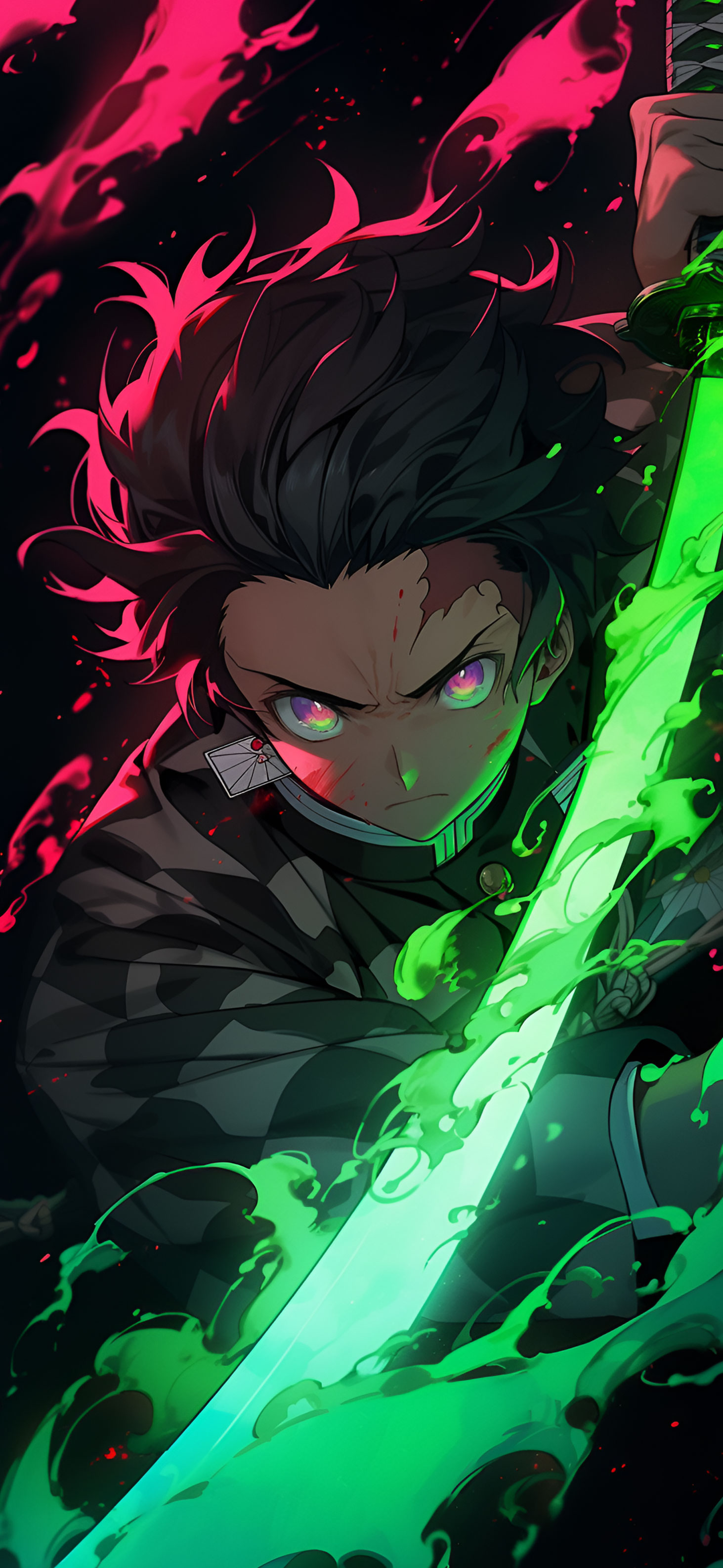 Tanjiro with Green Neon Anime Wallpaper