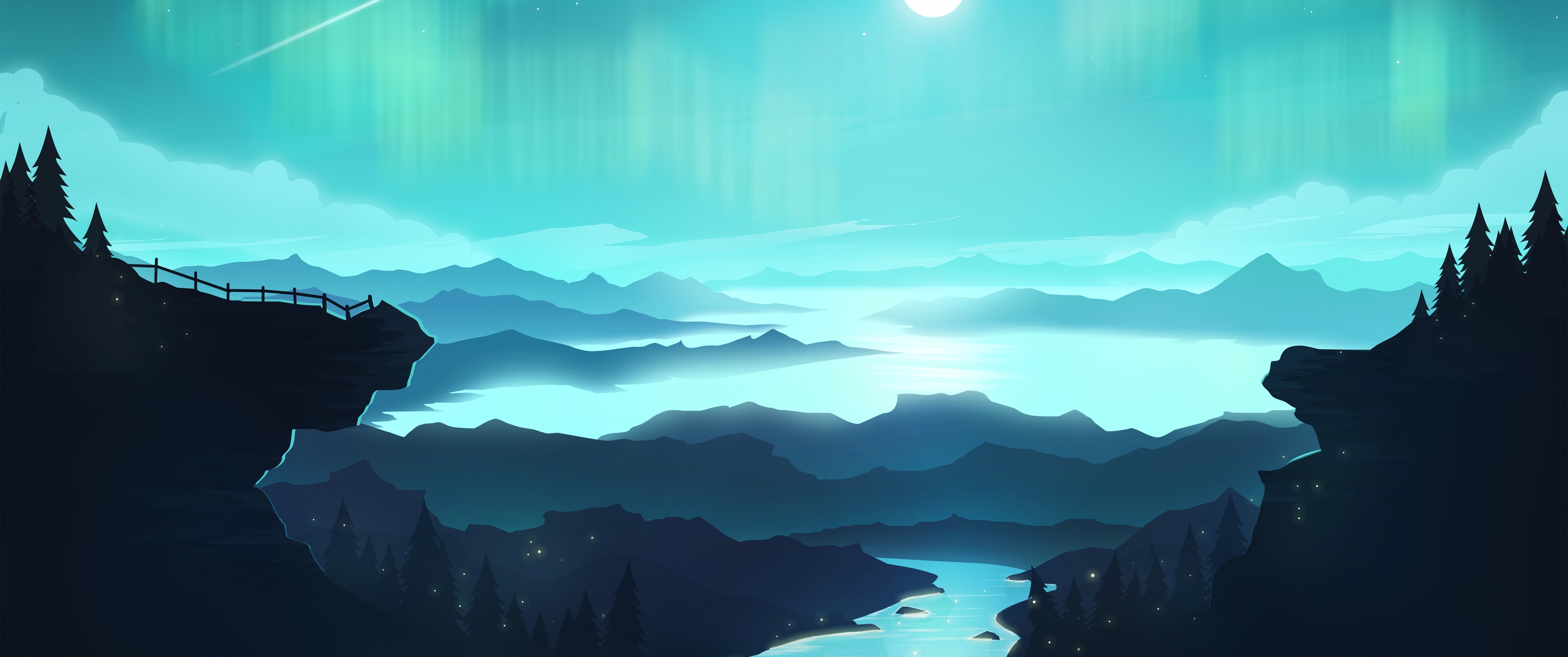 Moon Wallpaper 4K, River, Mountains