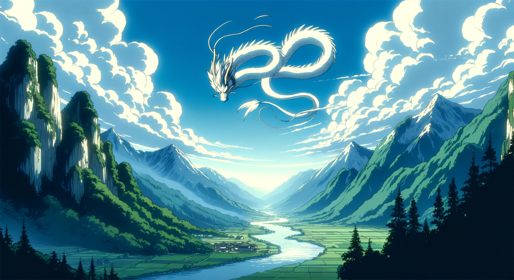 Spirited Away, copyright free, Haku in his dragon form is flying through a valley
