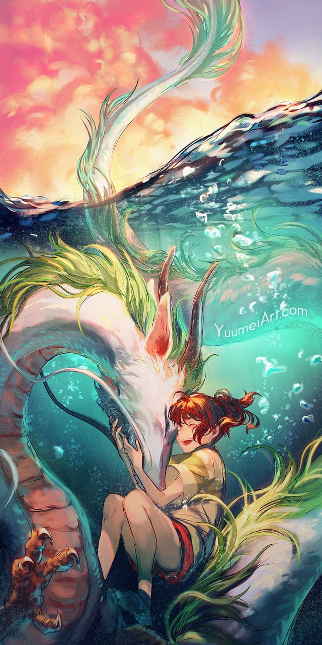A Girl and her Dragon / Chihiro and Haku (Yuumei_Art / Yuumei) [Spirited Away] (1080x2160) 4K and clearer versions in the comments