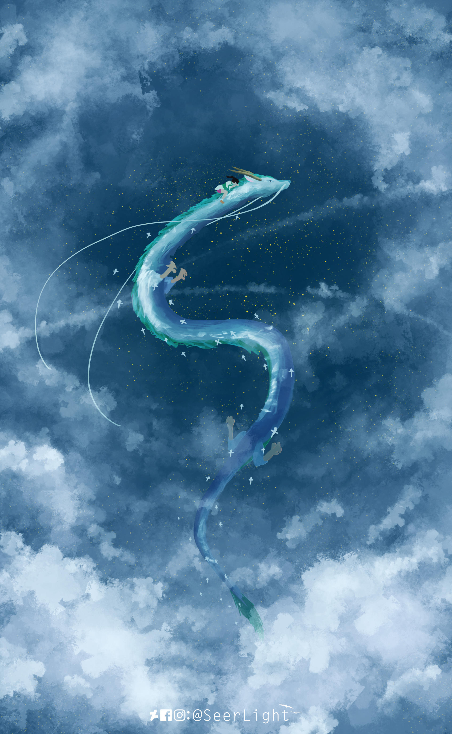 safe, artist:seerlight, chihiro ogino (spirited away), haku (spirited away), dragon, eastern dragon, fictional species, human, mammal, feral, spirited away, studio ghibli, 2018, duo, female, male, size difference