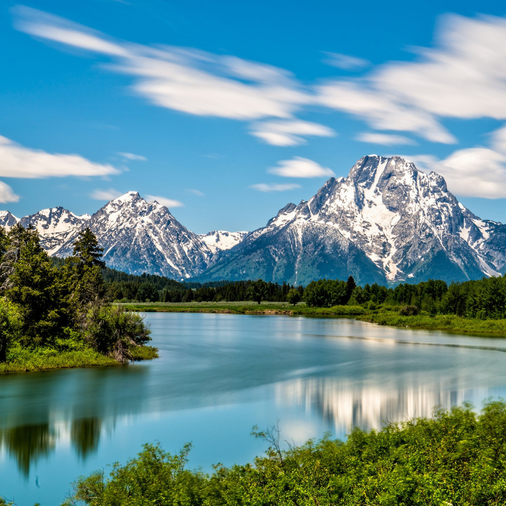 Download wallpaper forest, mountains, river, Wyoming, Wyoming, Grand Teton National Park, Rocky mountains, The Snake River, section landscapes in resolution 1024x1024