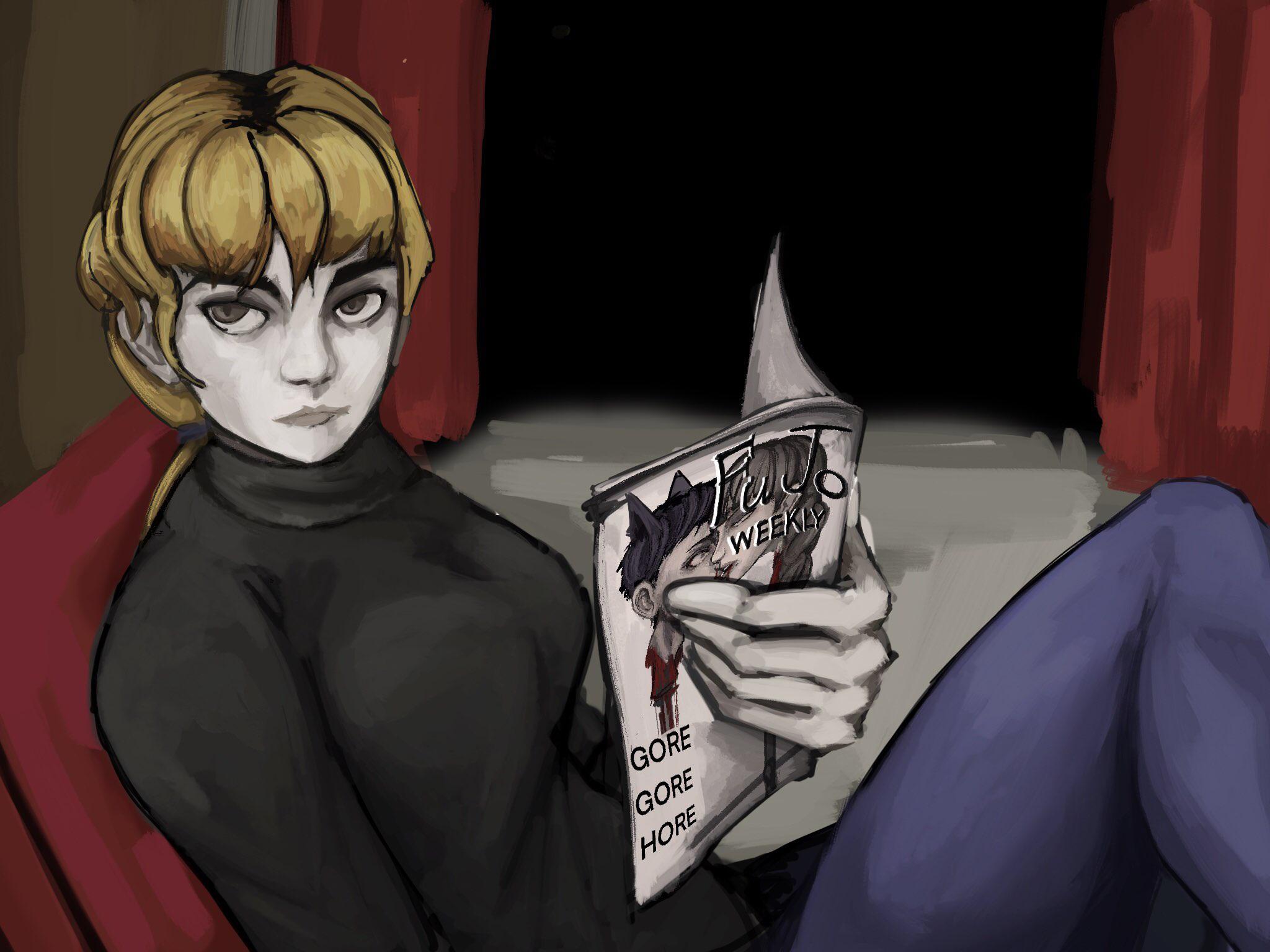 Unfinished painting of Karin doing some light reading on the train