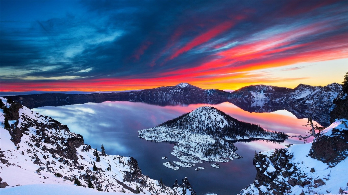 Crater lake sunrise winter