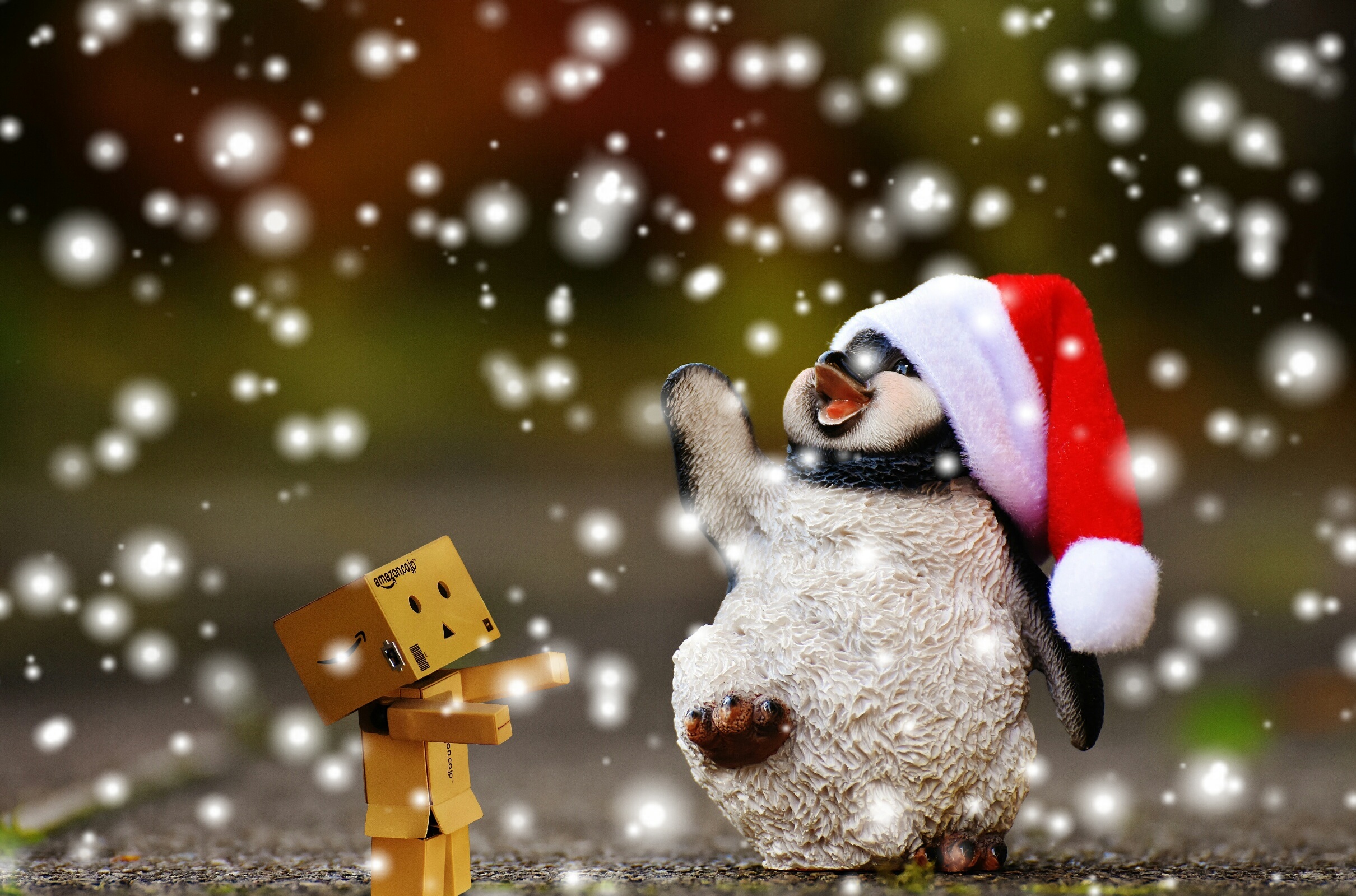 Free Image, snow, animal, cute, holiday, christmas tree, penguin, christmas ornament, christmas decoration, santa hat, fun, figure, snowman, funny, ceramic figures, computer wallpaper 2420x1599