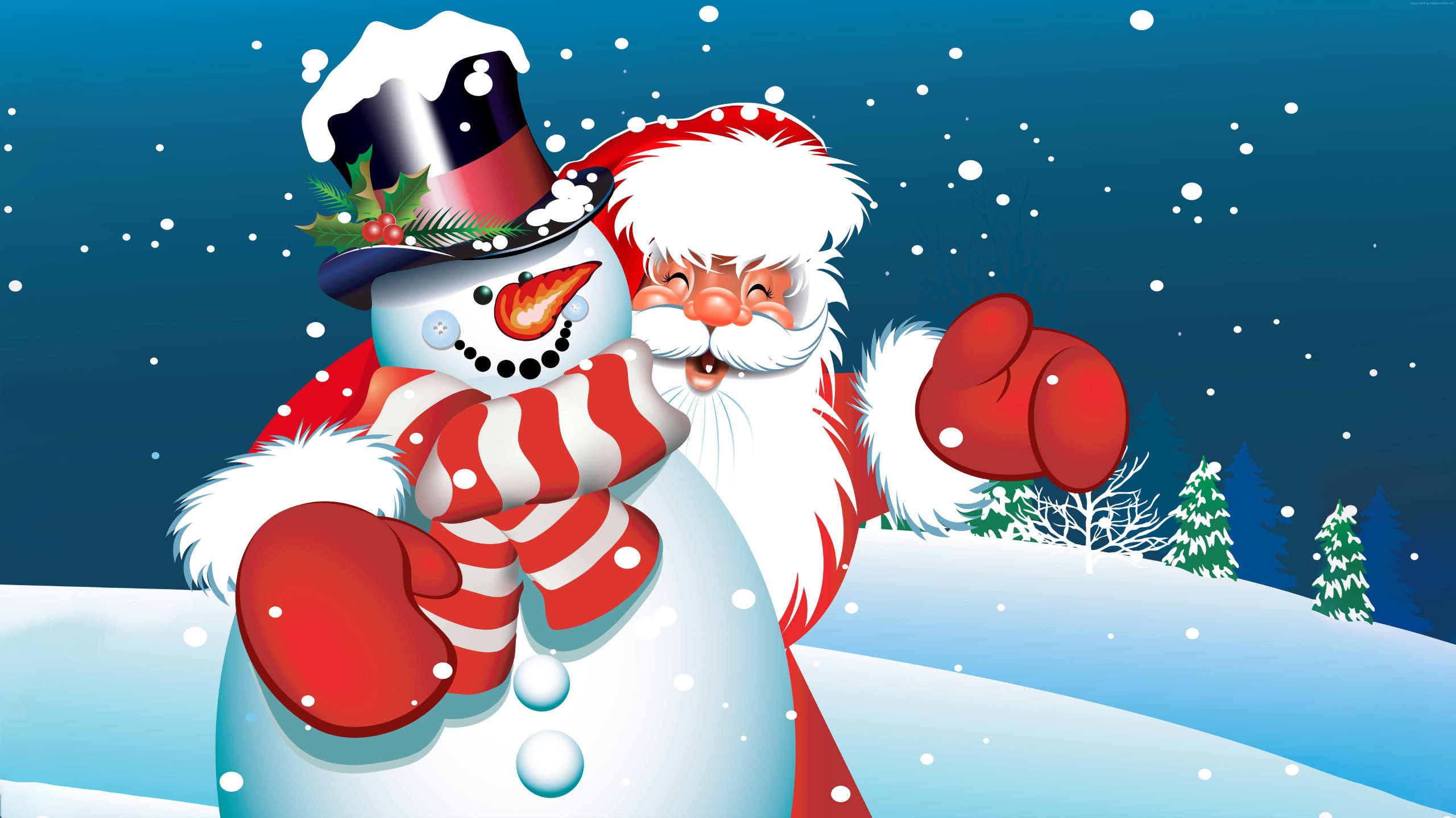 Santa Claus, snowman, Christmas, snow, trees, hat, gloves, holidayx1440 Wallpaper