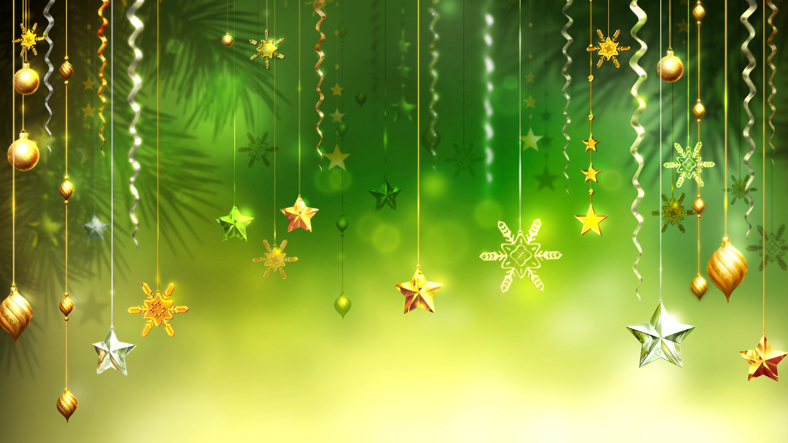 Christmas Green Background Stars Snowflakes Decorative Ornaments Picture Wallpaper For Desktop Laptop And Tablet 2560x1440, Wallpaper13.com