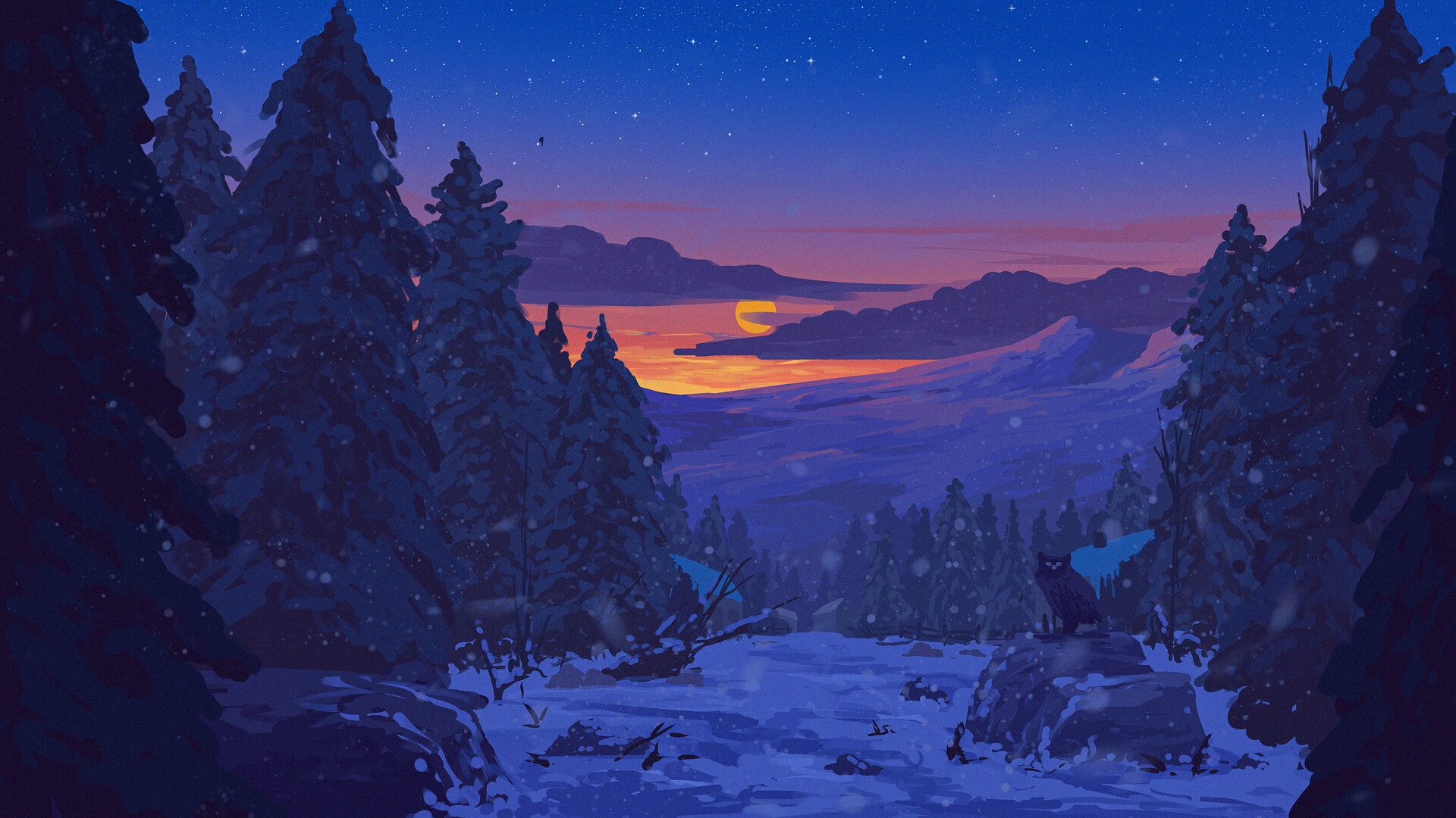 Wallpaper forest, sky, trees, sunset, art, winter, clouds, snow for mobile and desktop, section арт, resolution 1920x1080