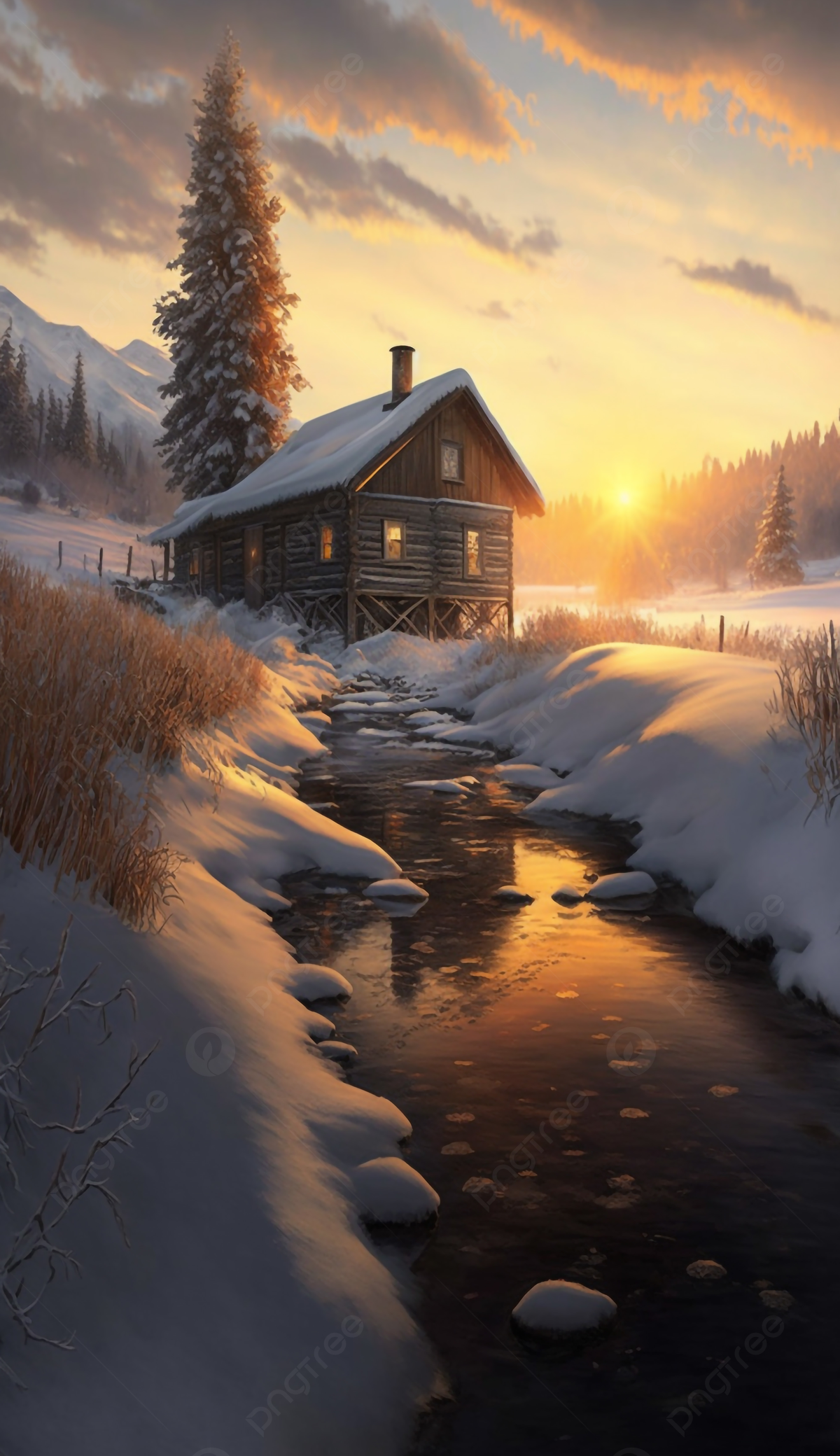 Beautiful Background Of Wood House In Winter Sunset Wallpaper Image For Free Download