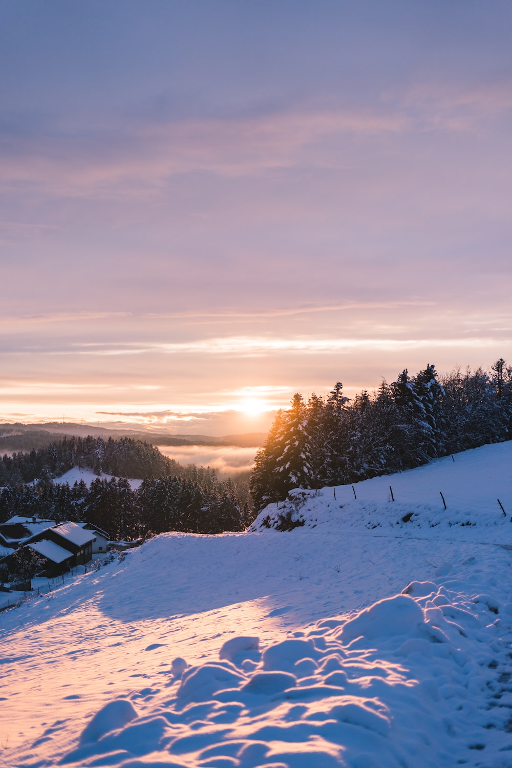 Snow covered field during sunset photo