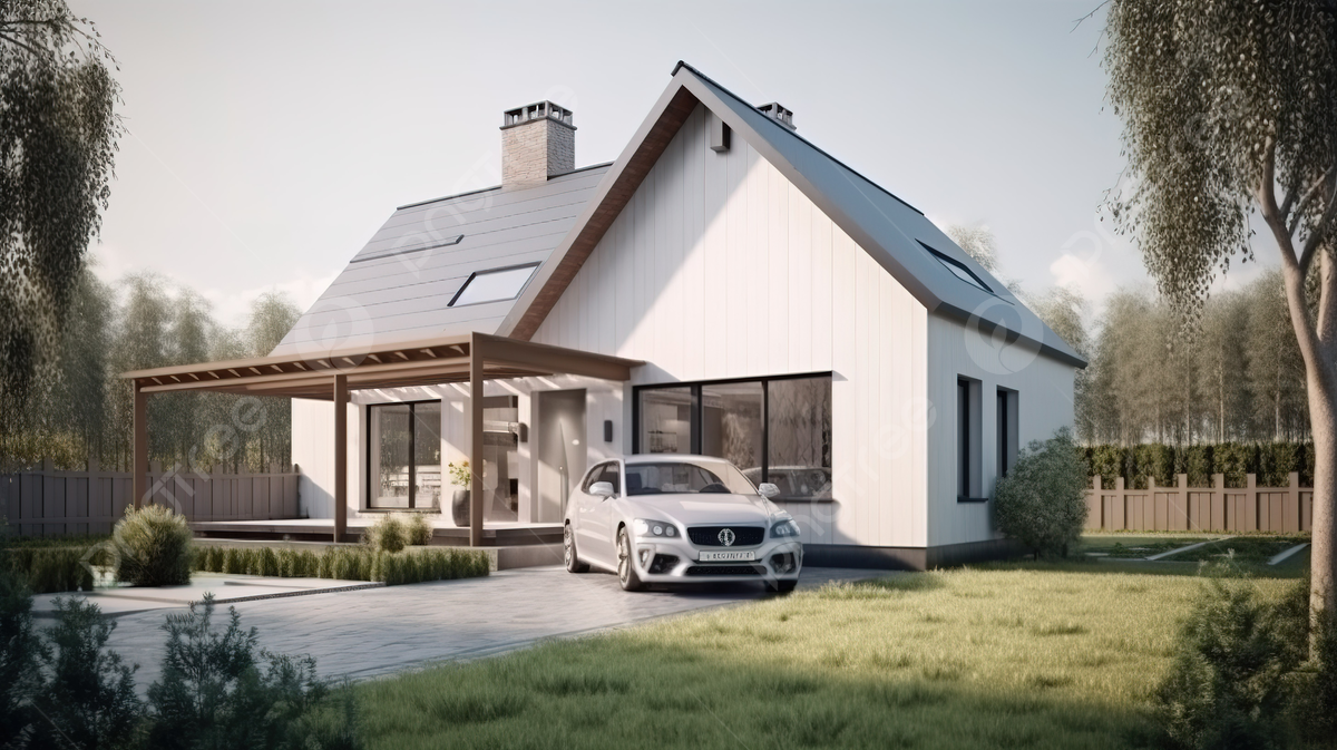 A Residential Property With A Lush Garden And Car Storage In The Garage Imagined In 3D Background, Home Garage, Residence, Front Yard Background Image And Wallpaper for Free Download