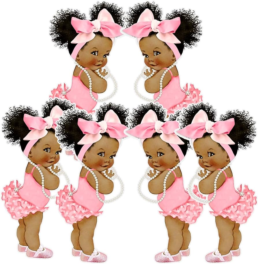 Baby Girl African American Cutouts with Ruffle Pants Big Head Bow Baby Shower Birthday Decoration One Sided Print (11 inches)