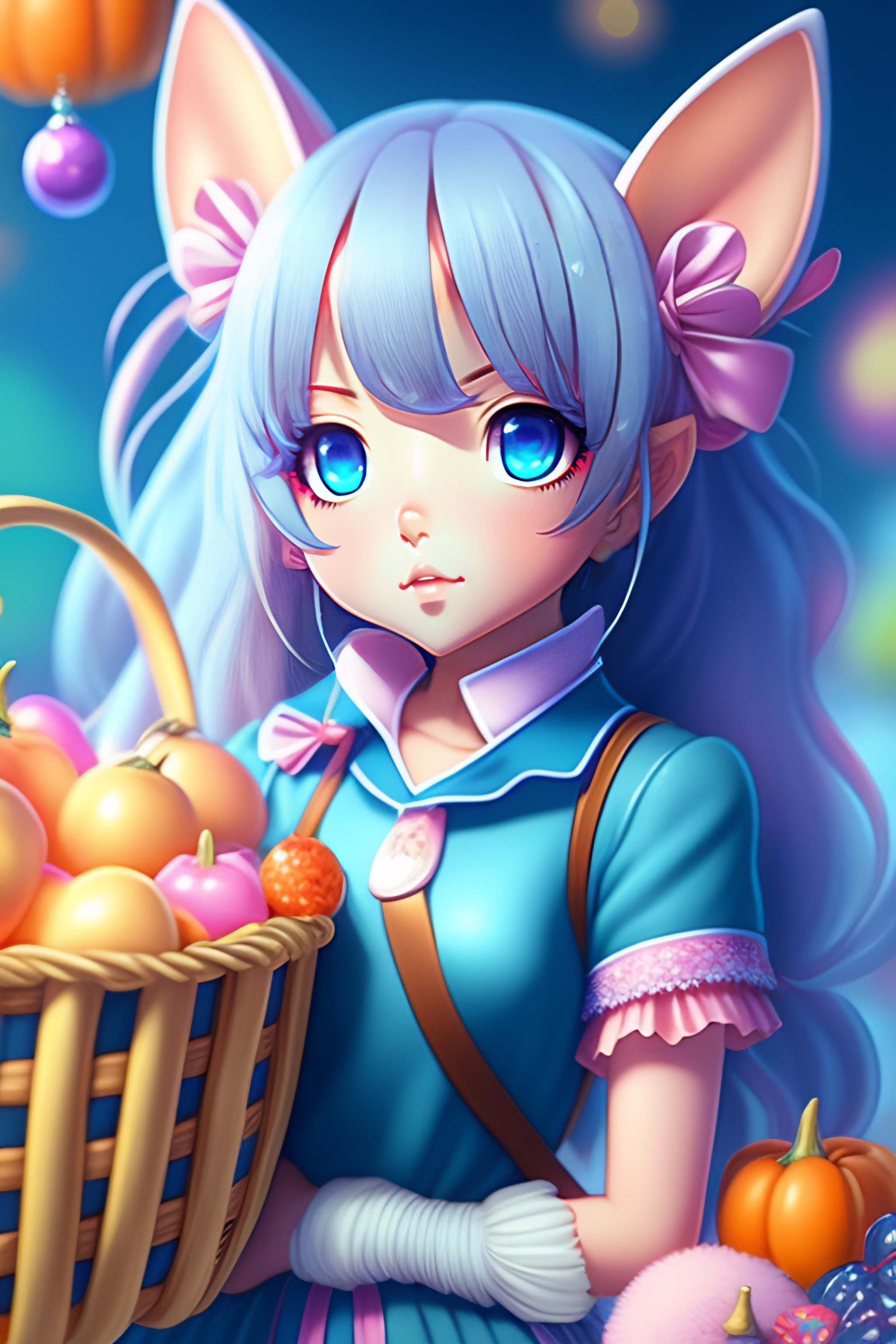 Anime, wallpaper like pencil drawing, digital art of cute kawaii girl with rabbit ears, light blue hair, bob, pink eyes, holding a basket full o