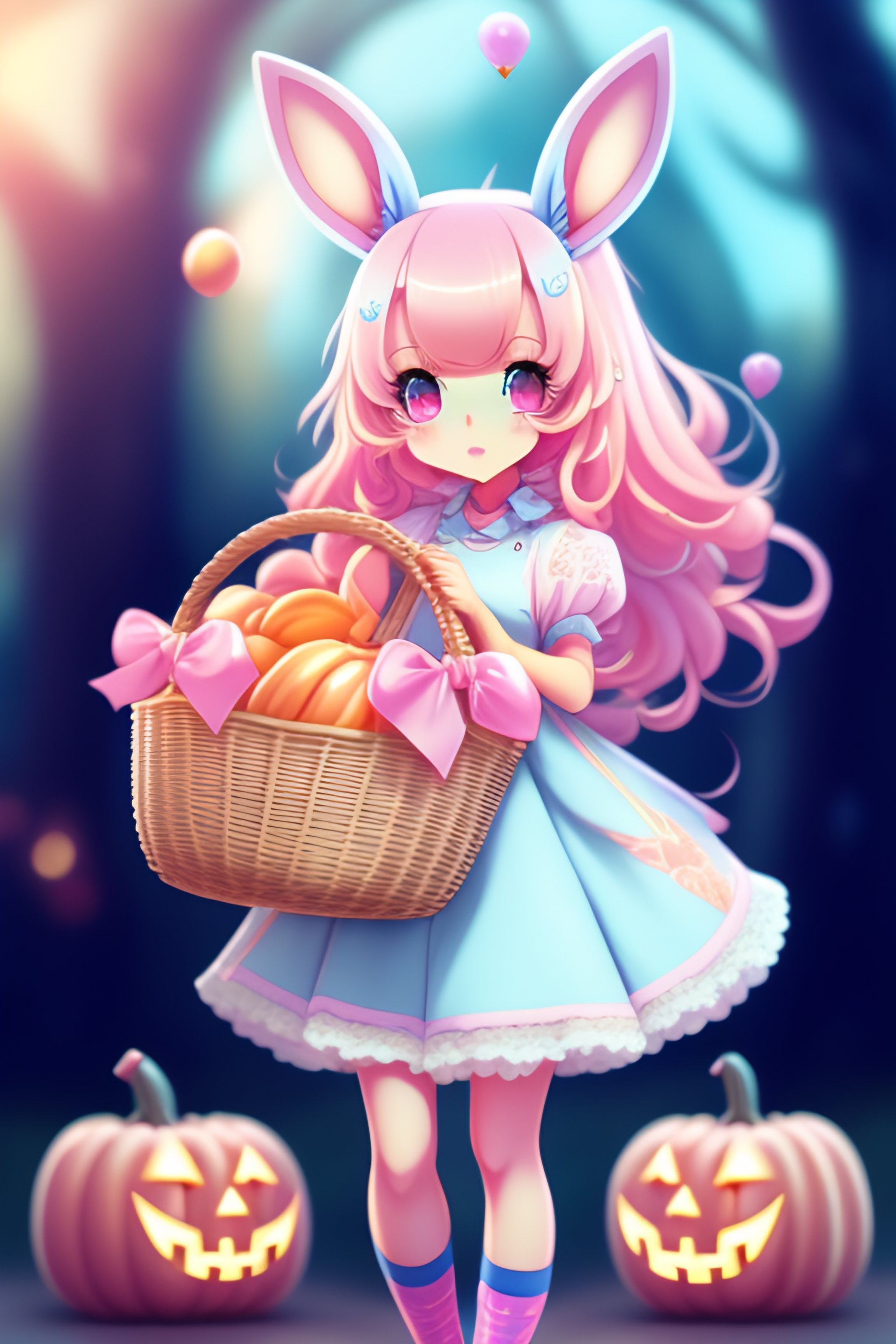 Anime, wallpaper like pencil drawing, digital art of cute kawaii girl with rabbit ears, light blue hair, bob, pink eyes, holding a basket full o