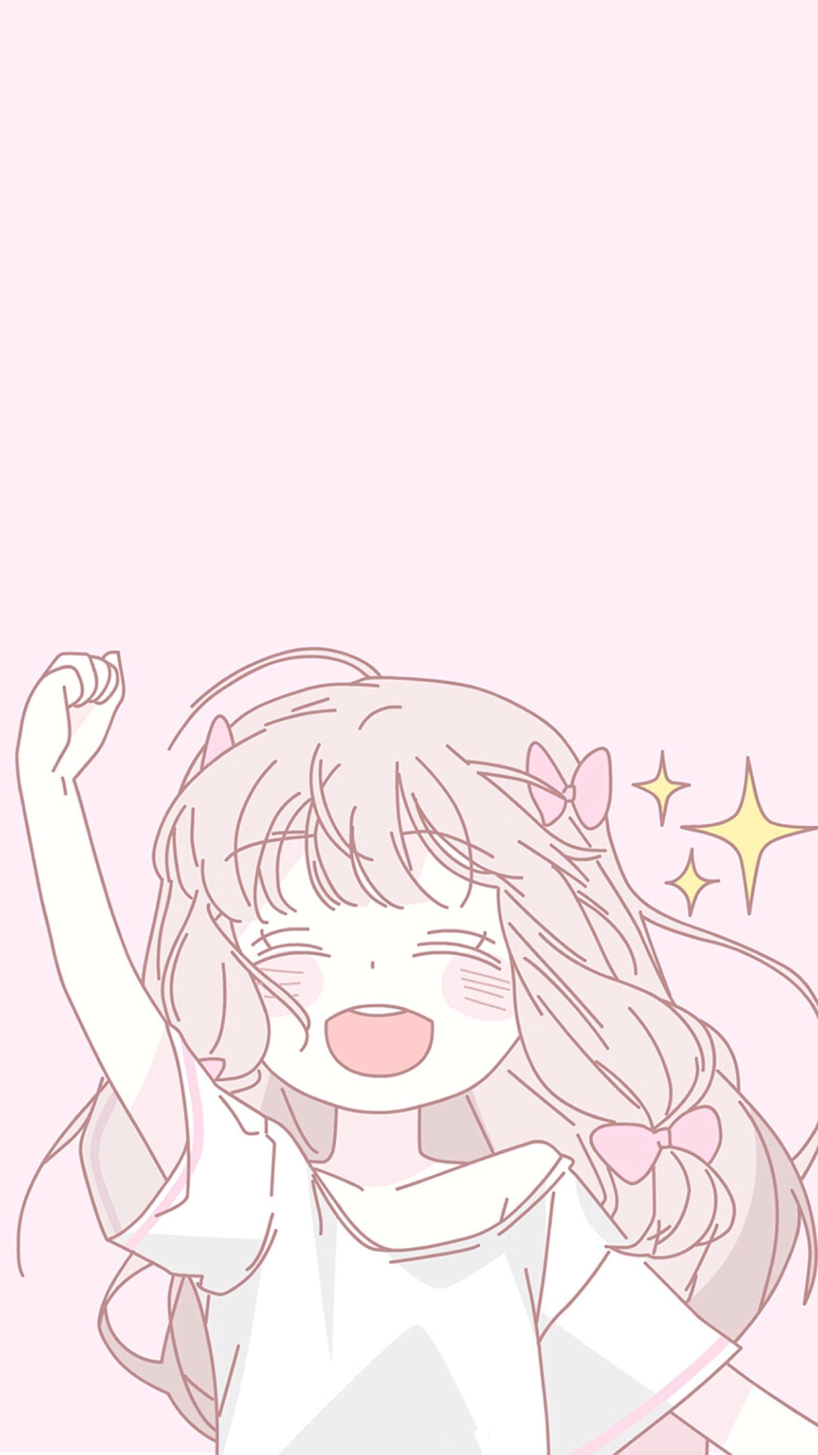 Kawaii anime girl cheering you on. Soft pastel pink. Mobile wallpaper [1600x2845]