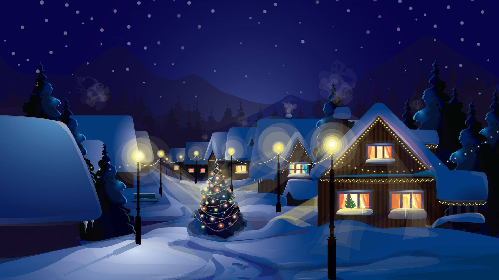 Download Christmas Village At Night With Christmas Tree And Lights Wallpaper