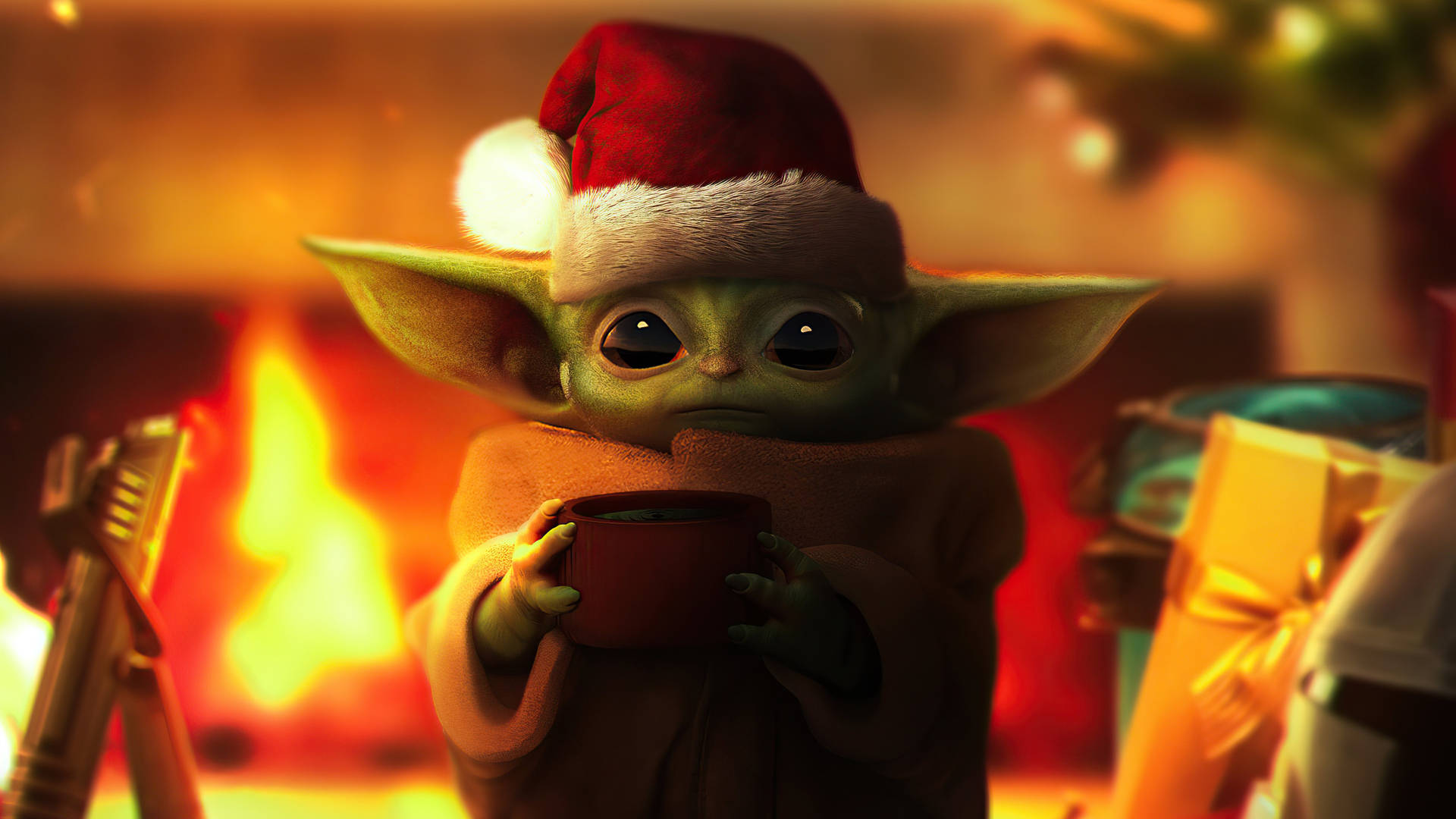 Download Grogu Getting Warm Star Wars Christmas Wallpaper