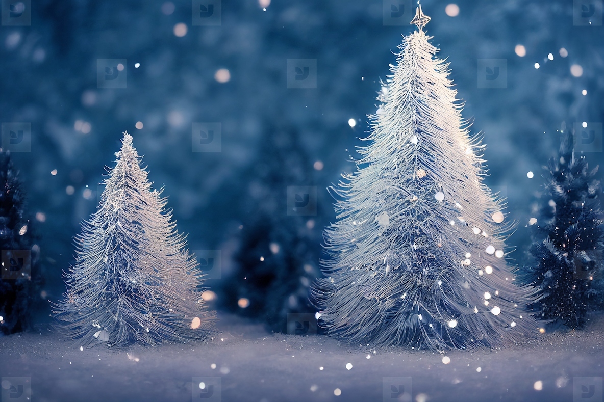 Abstract blurred bokeh background of Christmas tree with snow