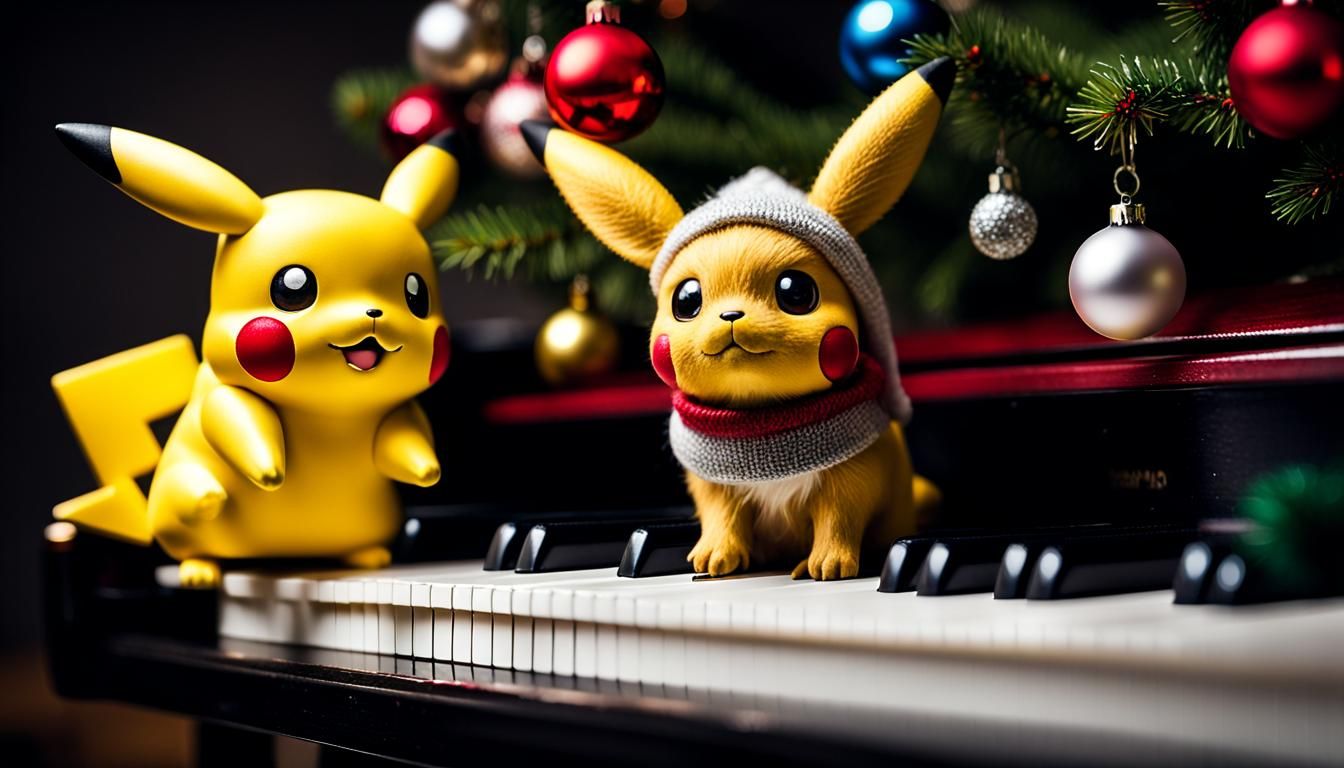 pikachu and eevee play decorate the christmas tree with little baubles that look like pokemons. Rondoudou is next to them, playing the piano