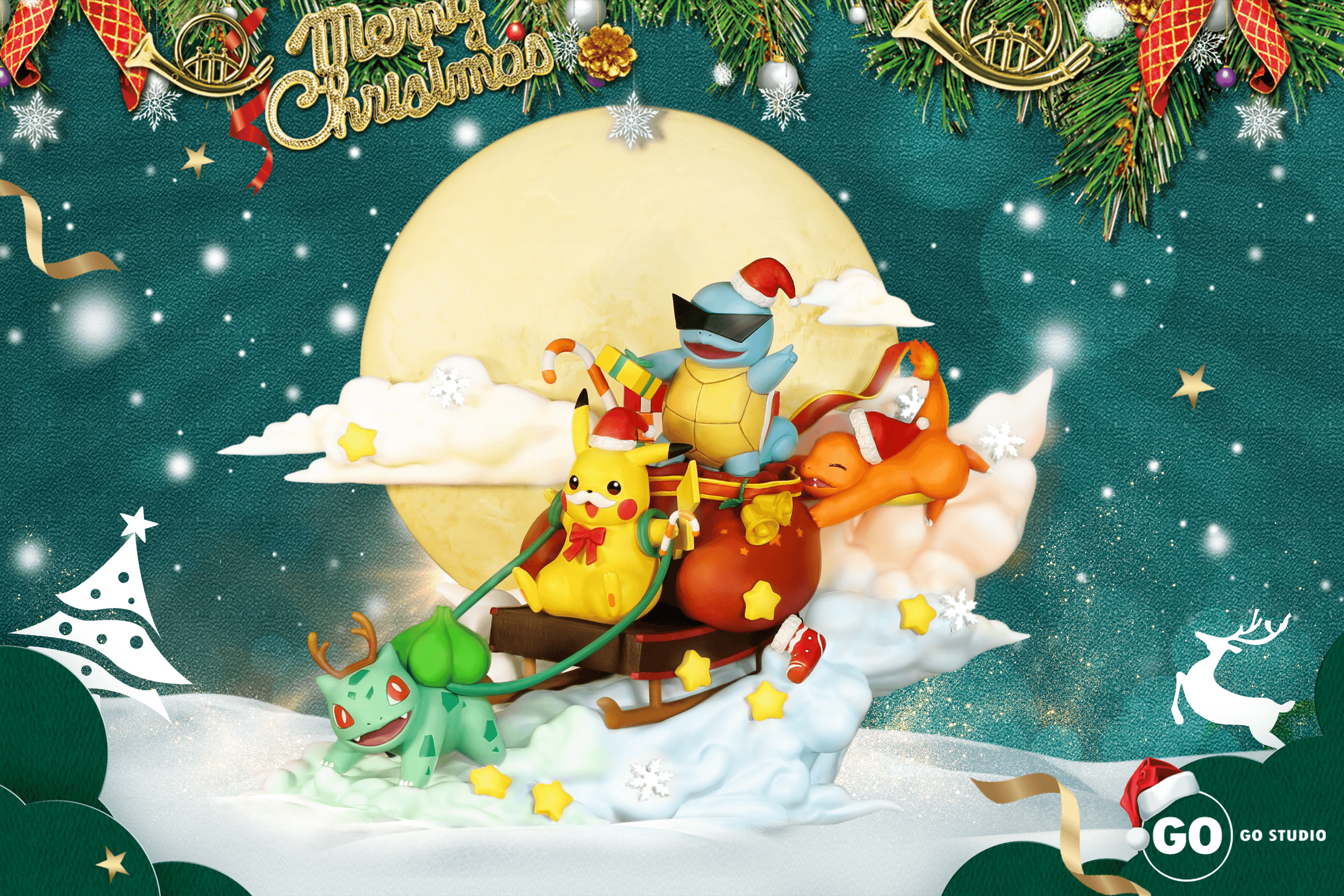 Christmas Pikachu & Bulbasaur & Squirtlef & Charmander Resin Statue Studios [In Stock]