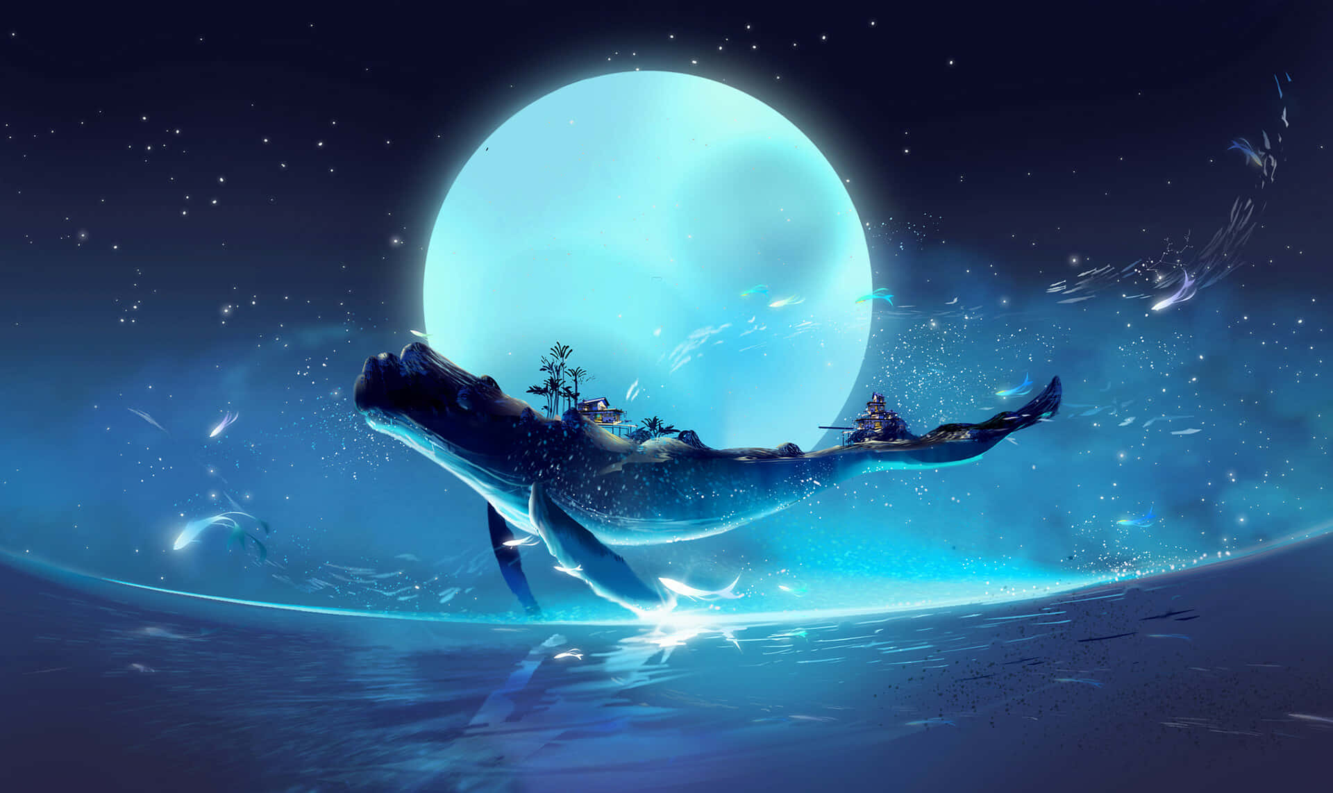 Download Blue Whale Moon Jump Ocean Fantasy Art Picture