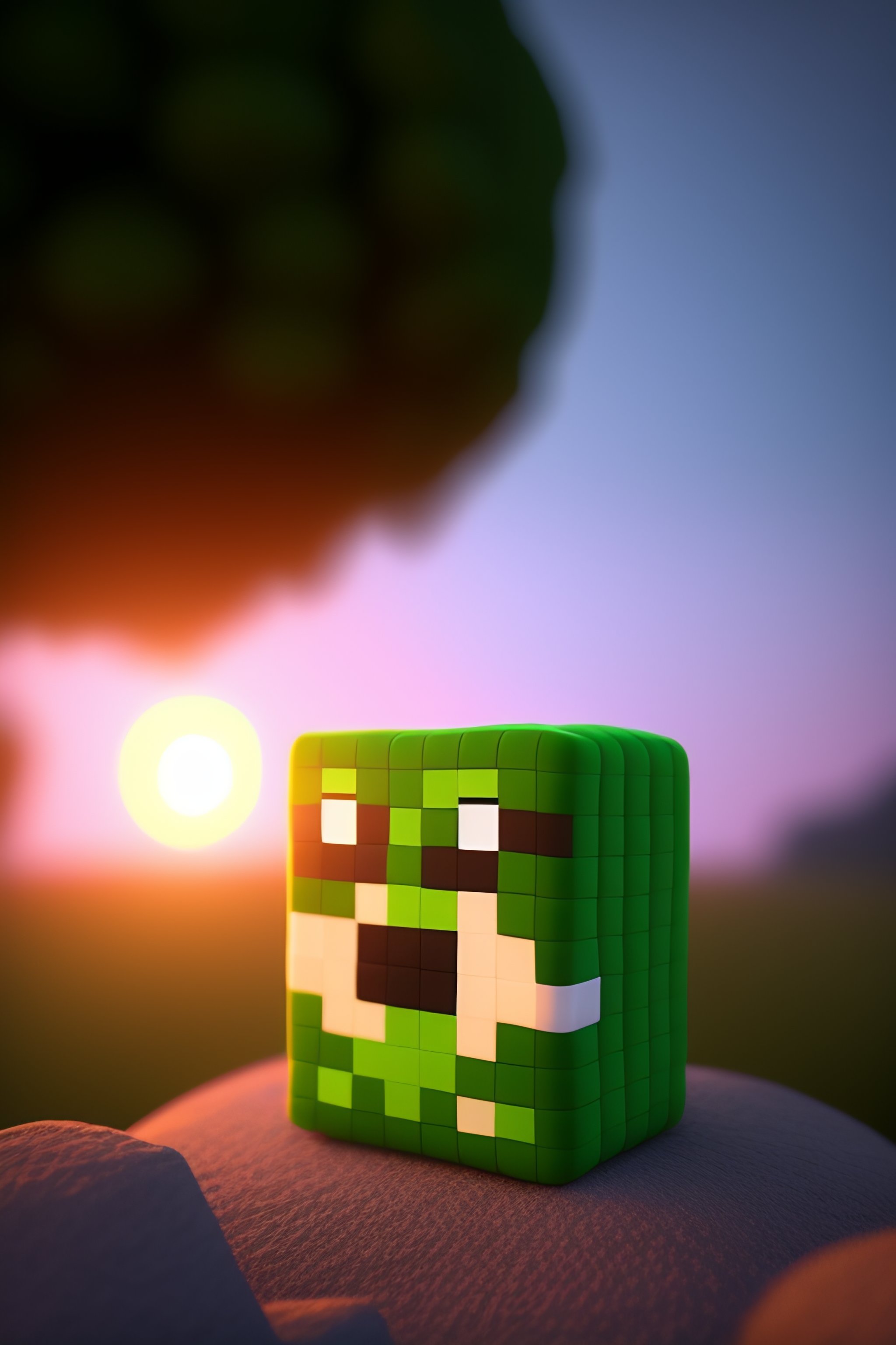 A cute Minecraft creeper plush, vray with sad eyes, with sunset in the background