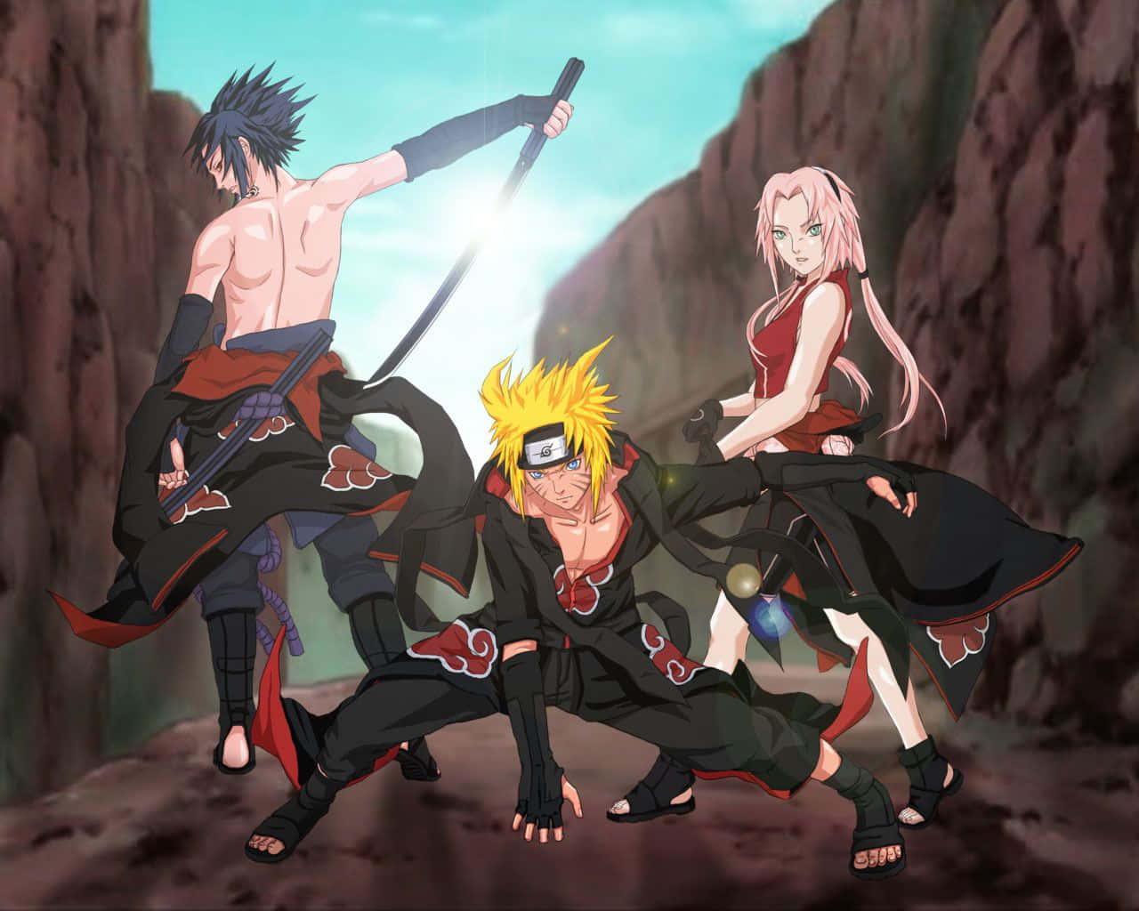Download The iconic trio of Team 7: Naruto Uzumaki, Sasuke Uchiha and Sakura Haruno Wallpaper