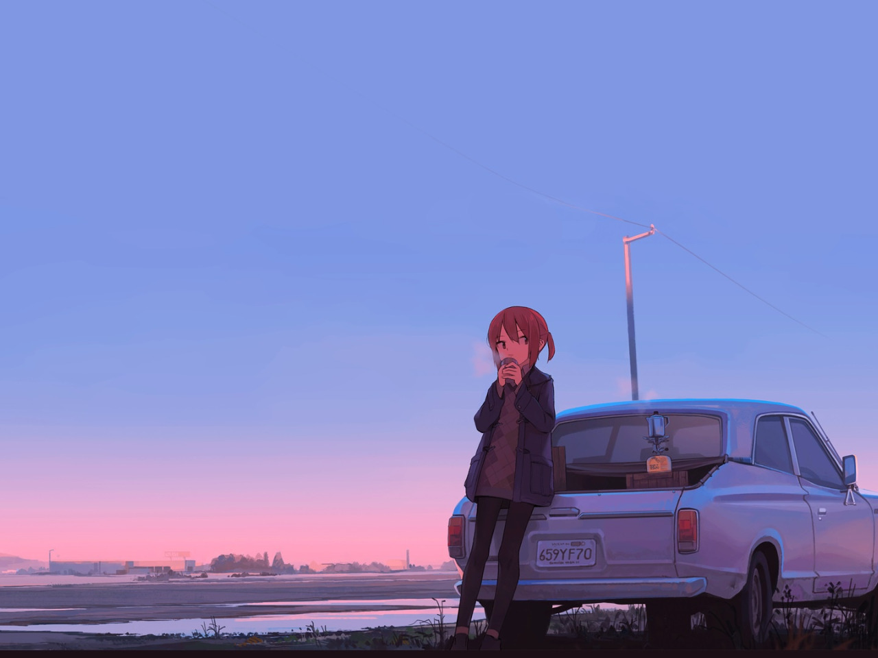 Download wallpaper road, auto, girl, anime, horizon, art, to eat, stopped, section art in resolution 1280x960