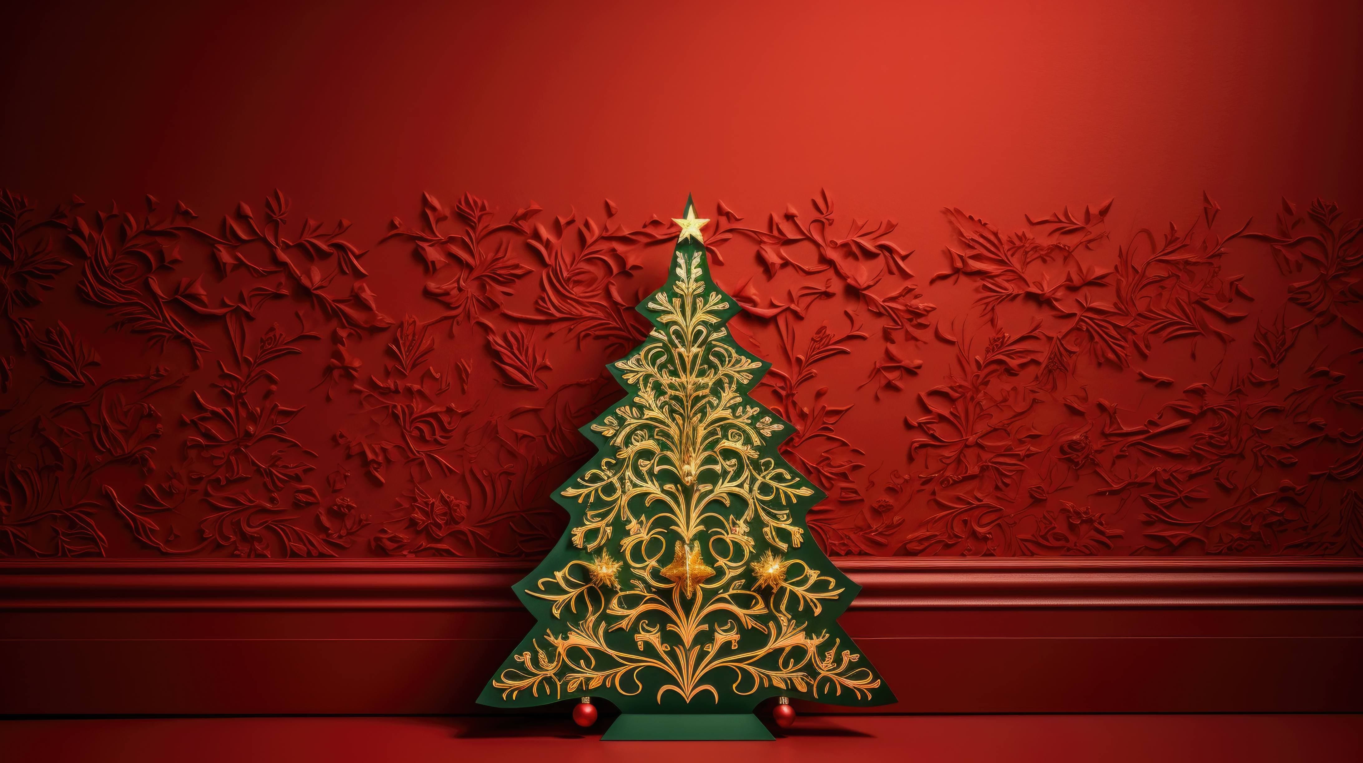 A papercut of a green Christmas tree lit up with gold lights, set against a red wall