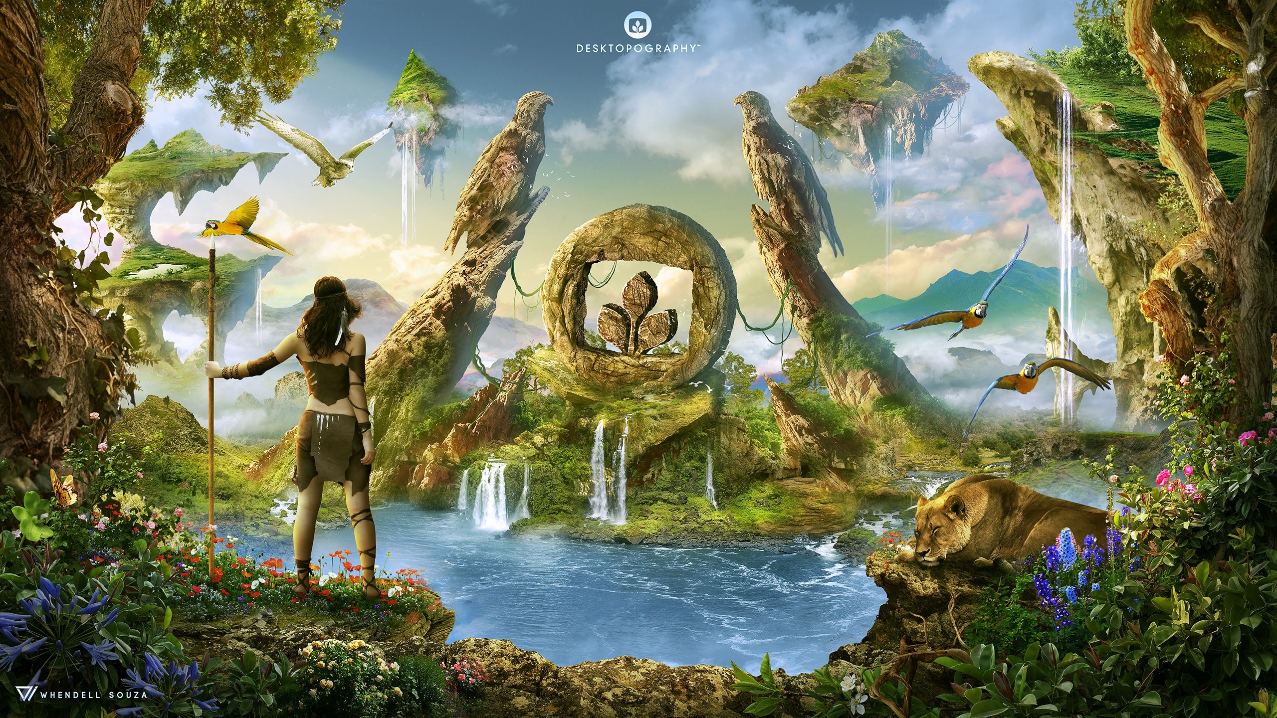 collage, Photohop, parrot, hawks, plants, stone age (2560x1440px) on Wallls.com