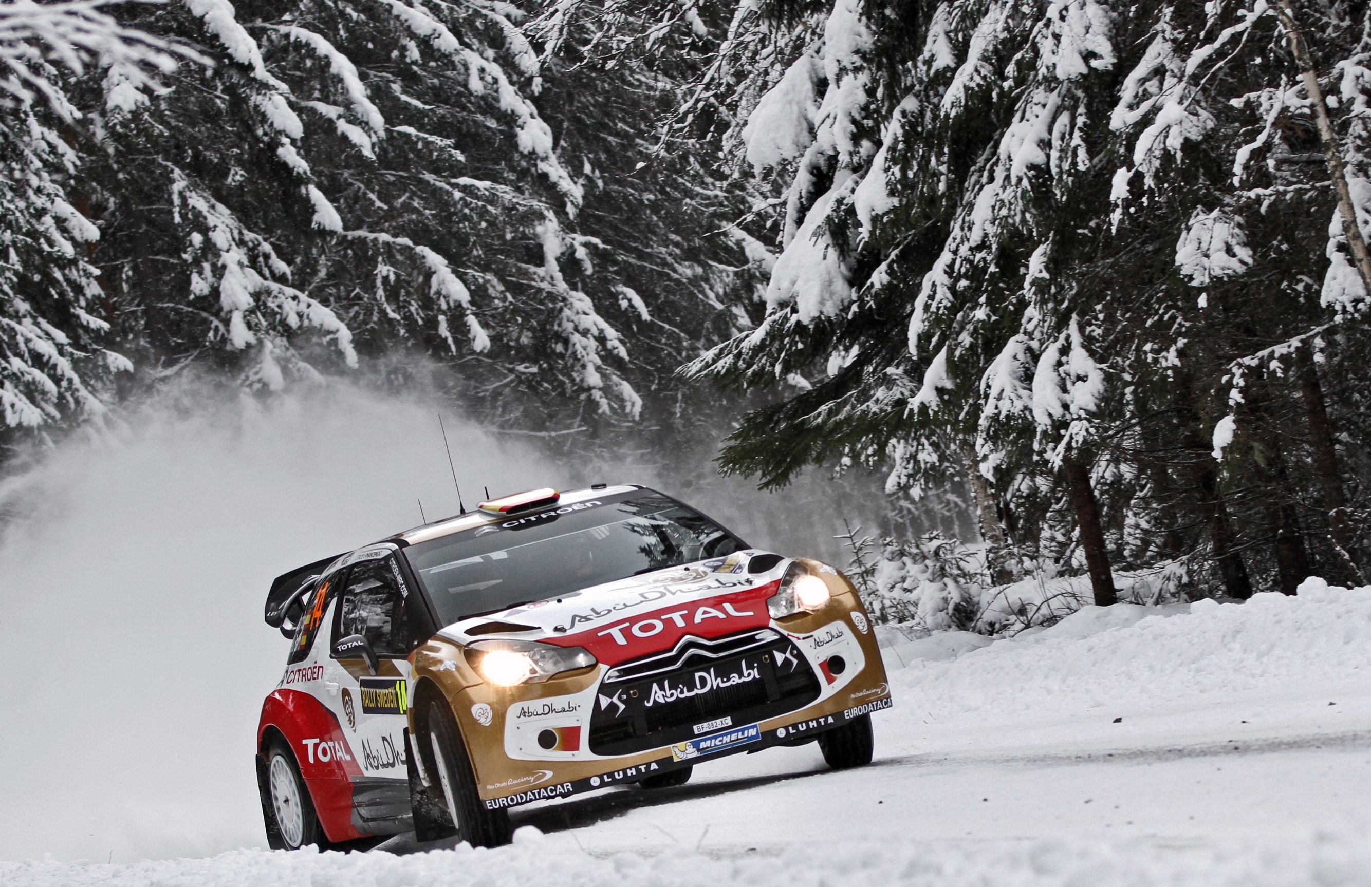 Wallpaper winter, forest, snow, lights, tree, Citroen, DS3, WRC for mobile and desktop, section citroen, resolution 2668x1727