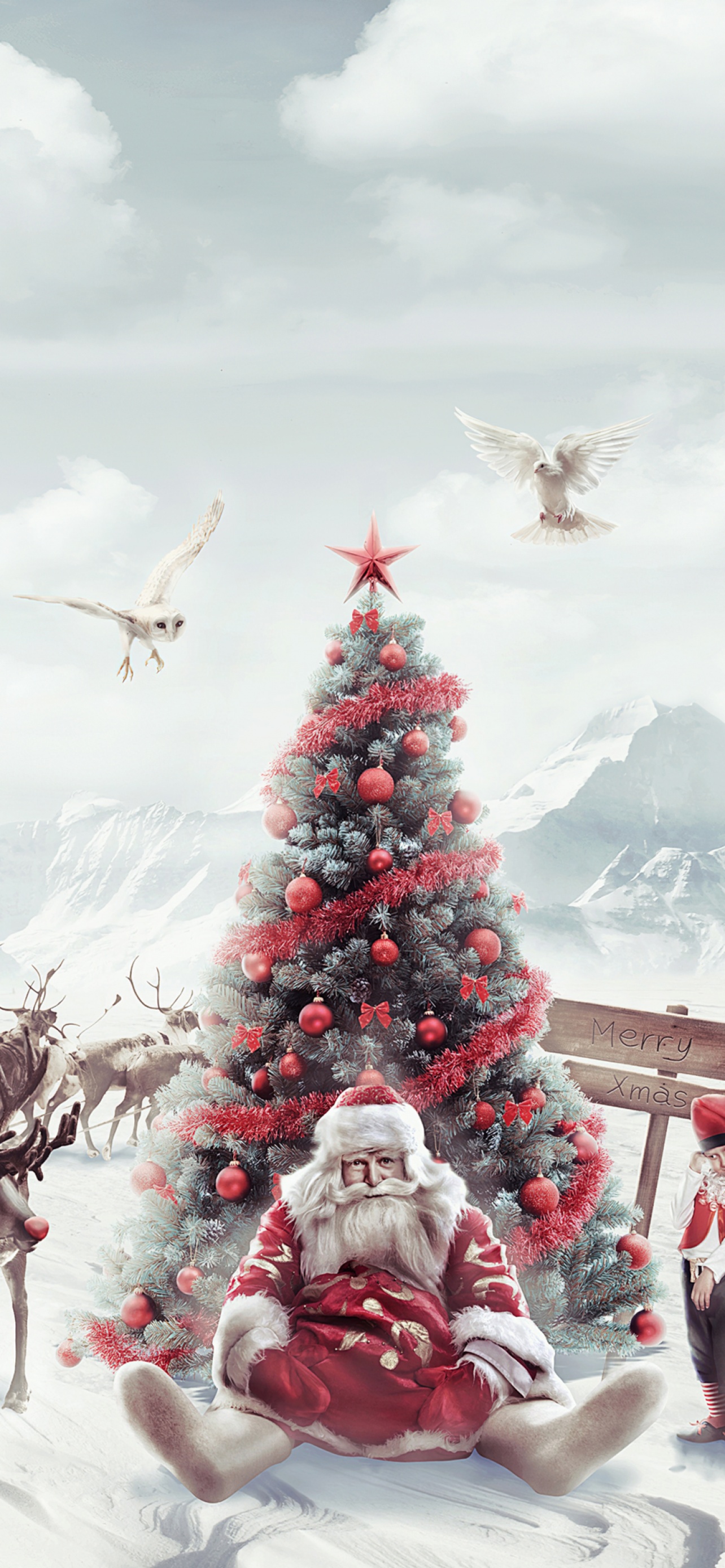 Santa Claus Wallpaper 4K, Christmas tree, Penguins