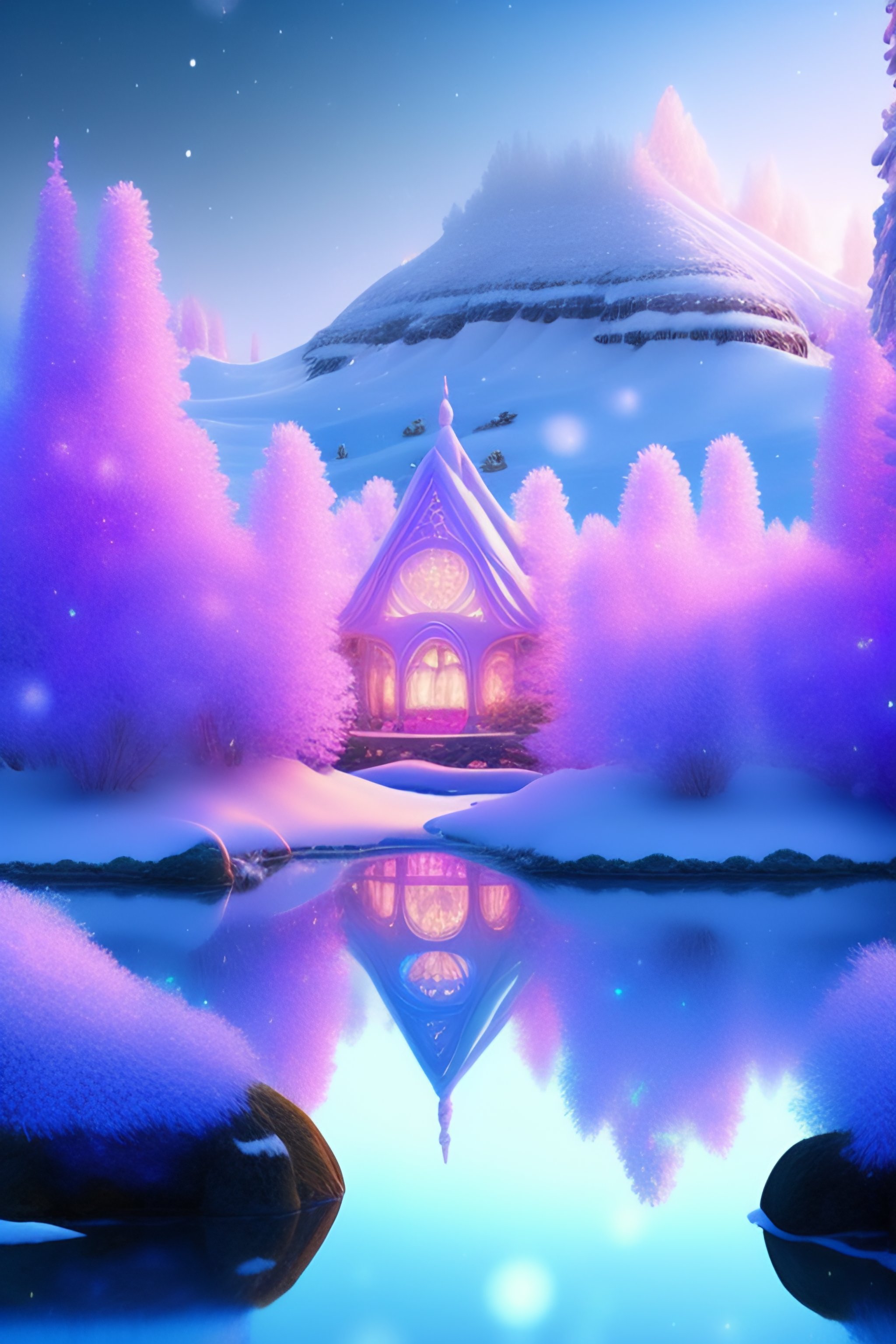 Holographic crystal atlantean hyperborean winter pink cottage, fluffy lavender glitter trees, bushes, fawn, snow flowers and Snowflakes, fa