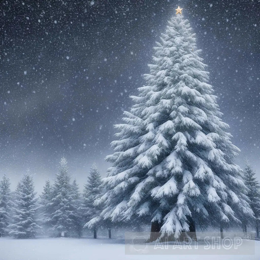 A Snow Covered Winter Wonderland, With A Majestic Christmas Tree In