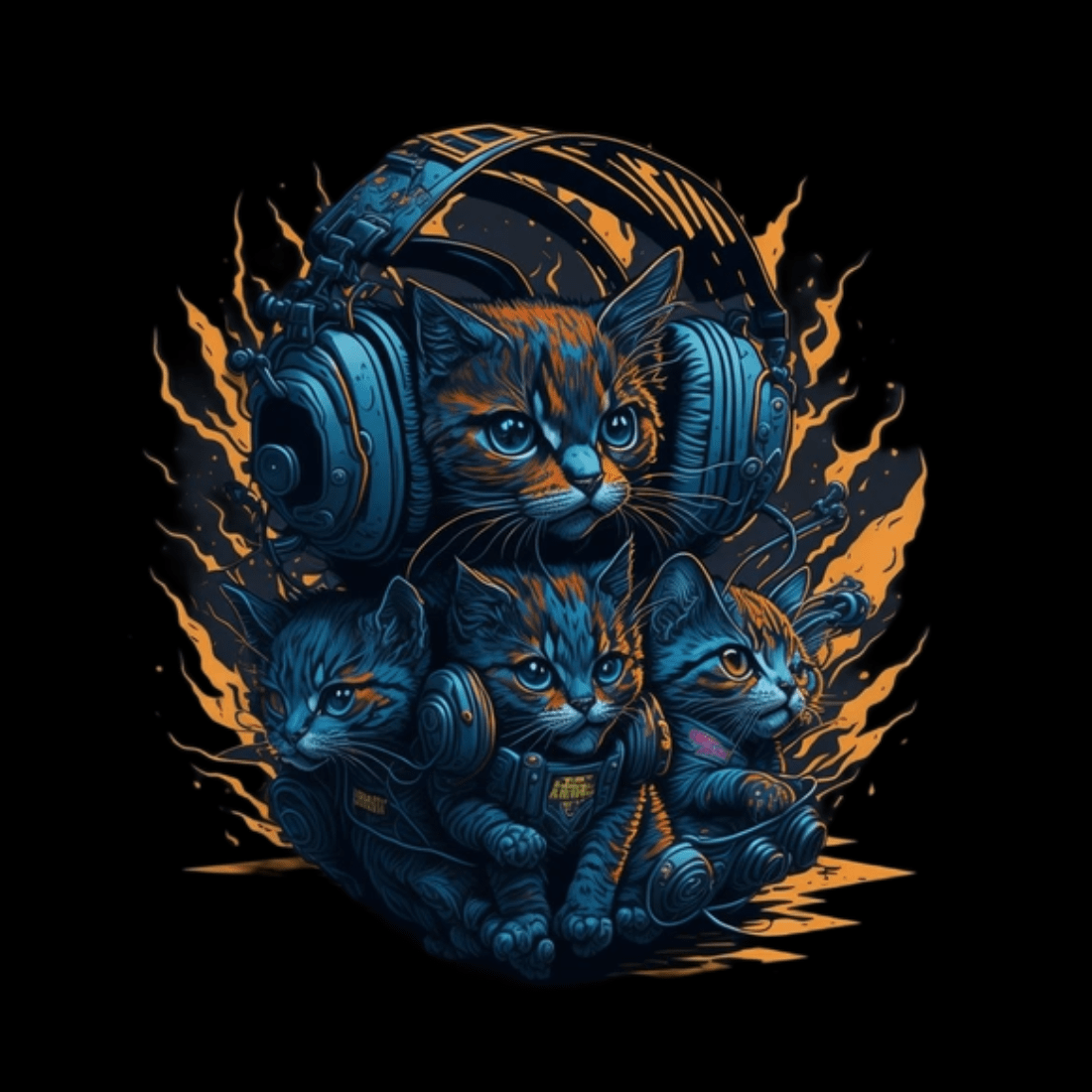 Cats wearing headphones playing TNT design