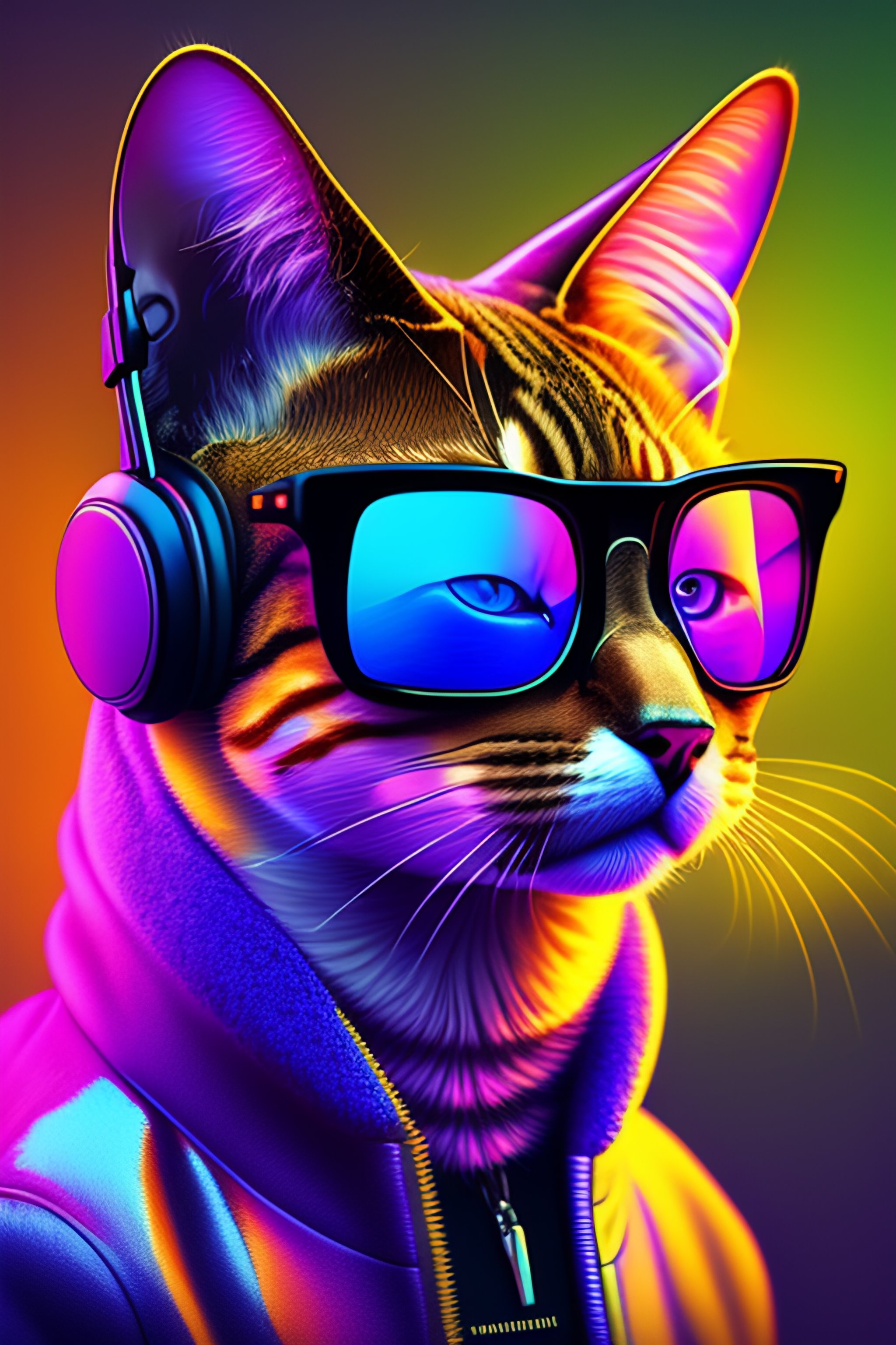 A closeup of a cat with headphones and sunglasses, positive mood, low energy in retro colors, synthwave style, 3D digital art